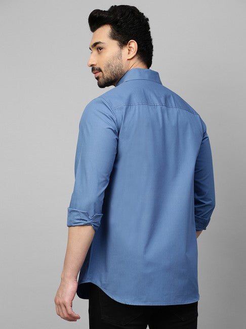 Slate Blue shirt with white stitching half pocket feature