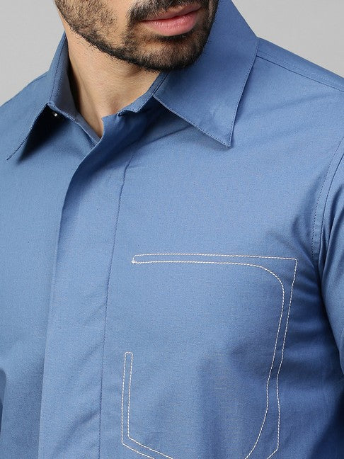 Slate Blue shirt with white stitching half pocket feature