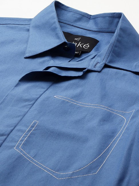 Slate Blue shirt with white stitching half pocket feature