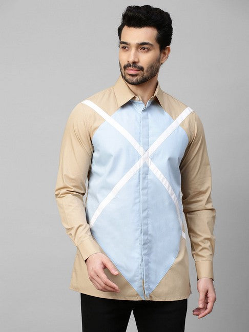 Light Khaki shirt with light blue and white geometric pattern