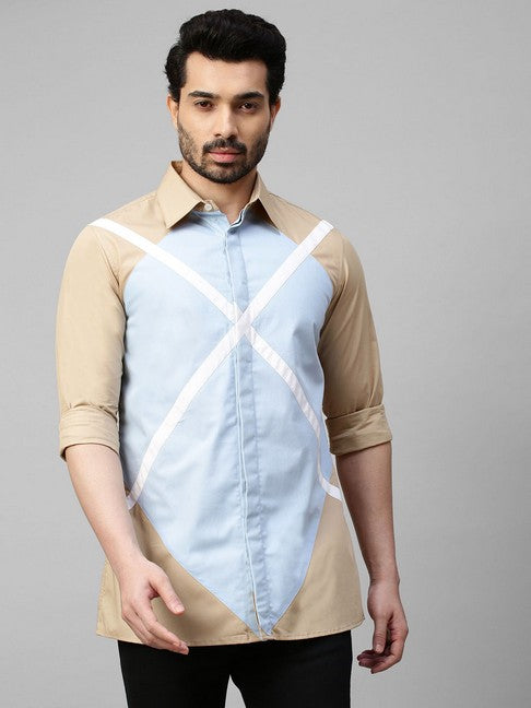 Light Khaki shirt with light blue and white geometric pattern