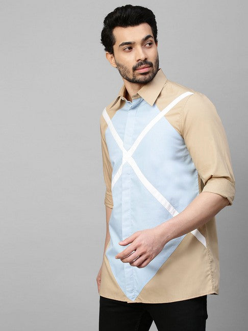 Light Khaki shirt with light blue and white geometric pattern