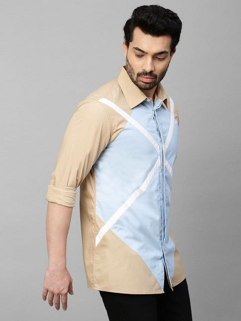 Light Khaki shirt with light blue and white geometric pattern