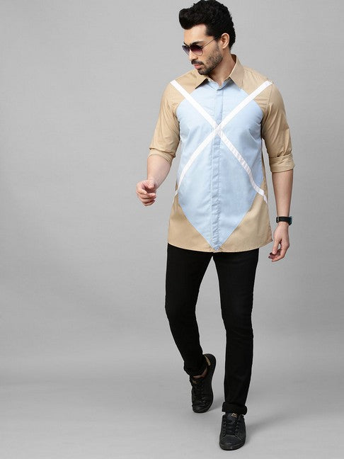 Light Khaki shirt with light blue and white geometric pattern