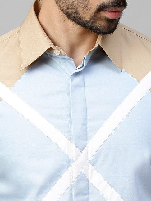 Light Khaki shirt with light blue and white geometric pattern