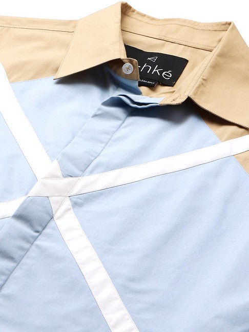 Light Khaki shirt with light blue and white geometric pattern