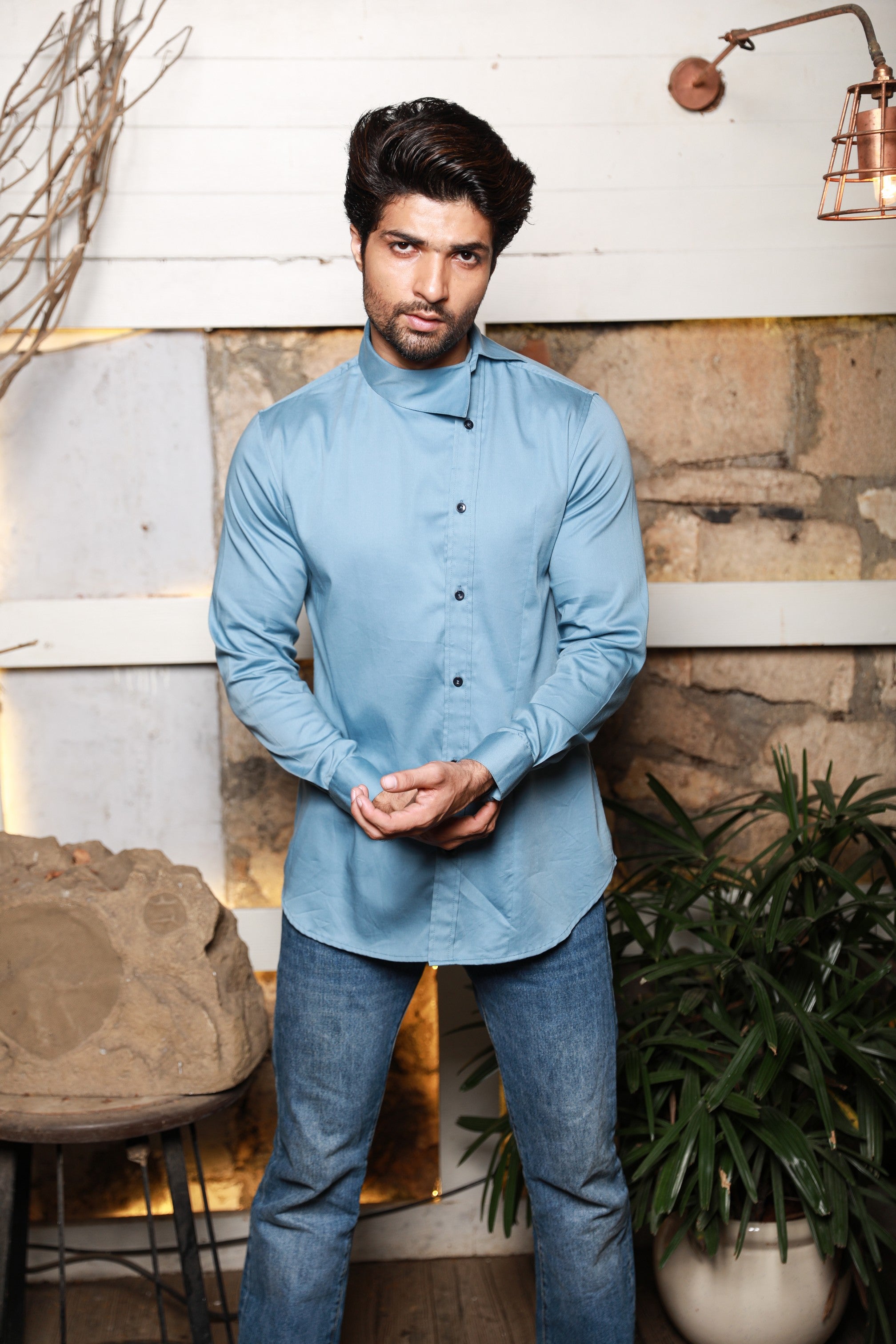 Slate blue shirt with off center collar