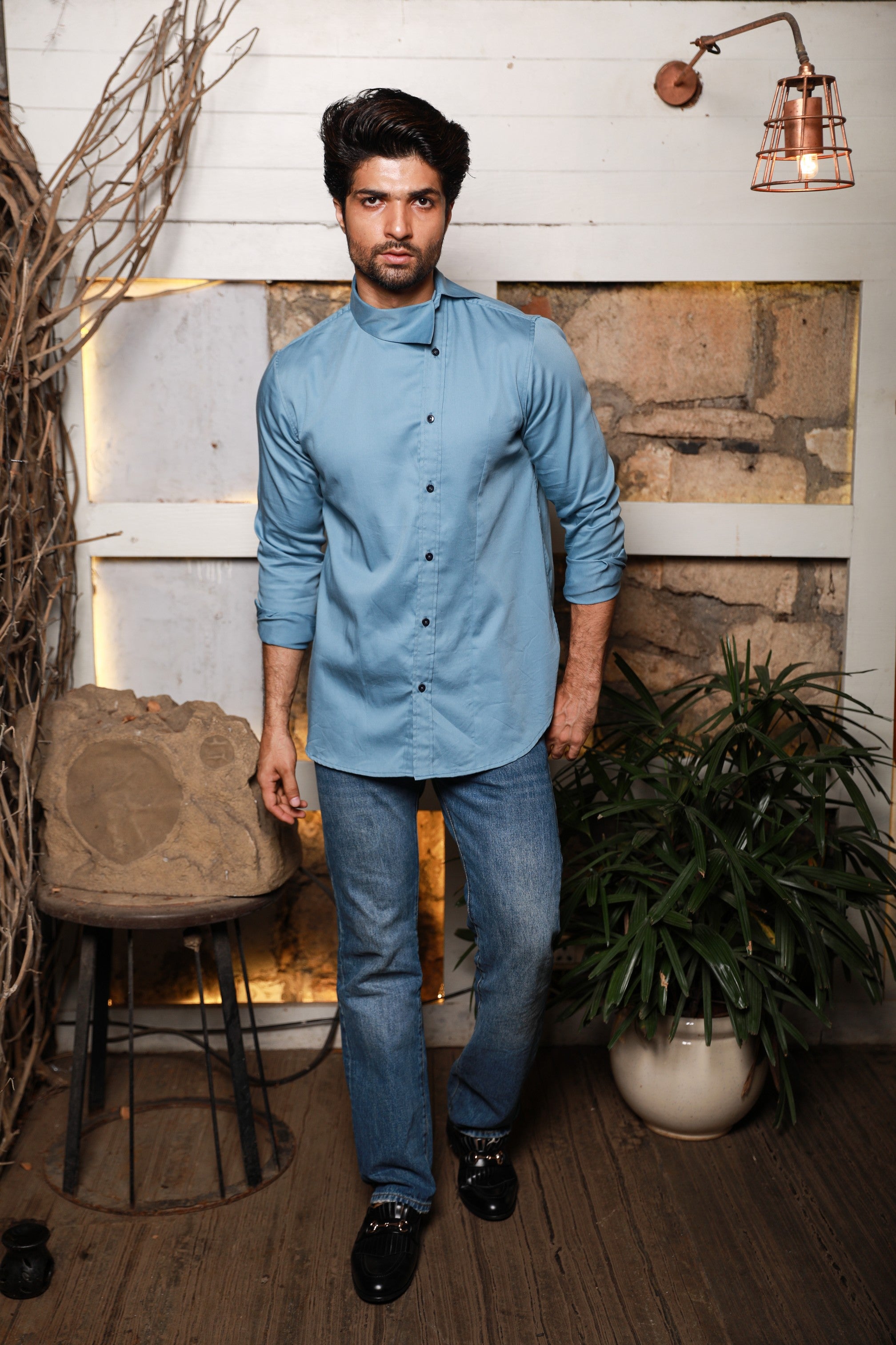 Slate blue shirt with off center collar