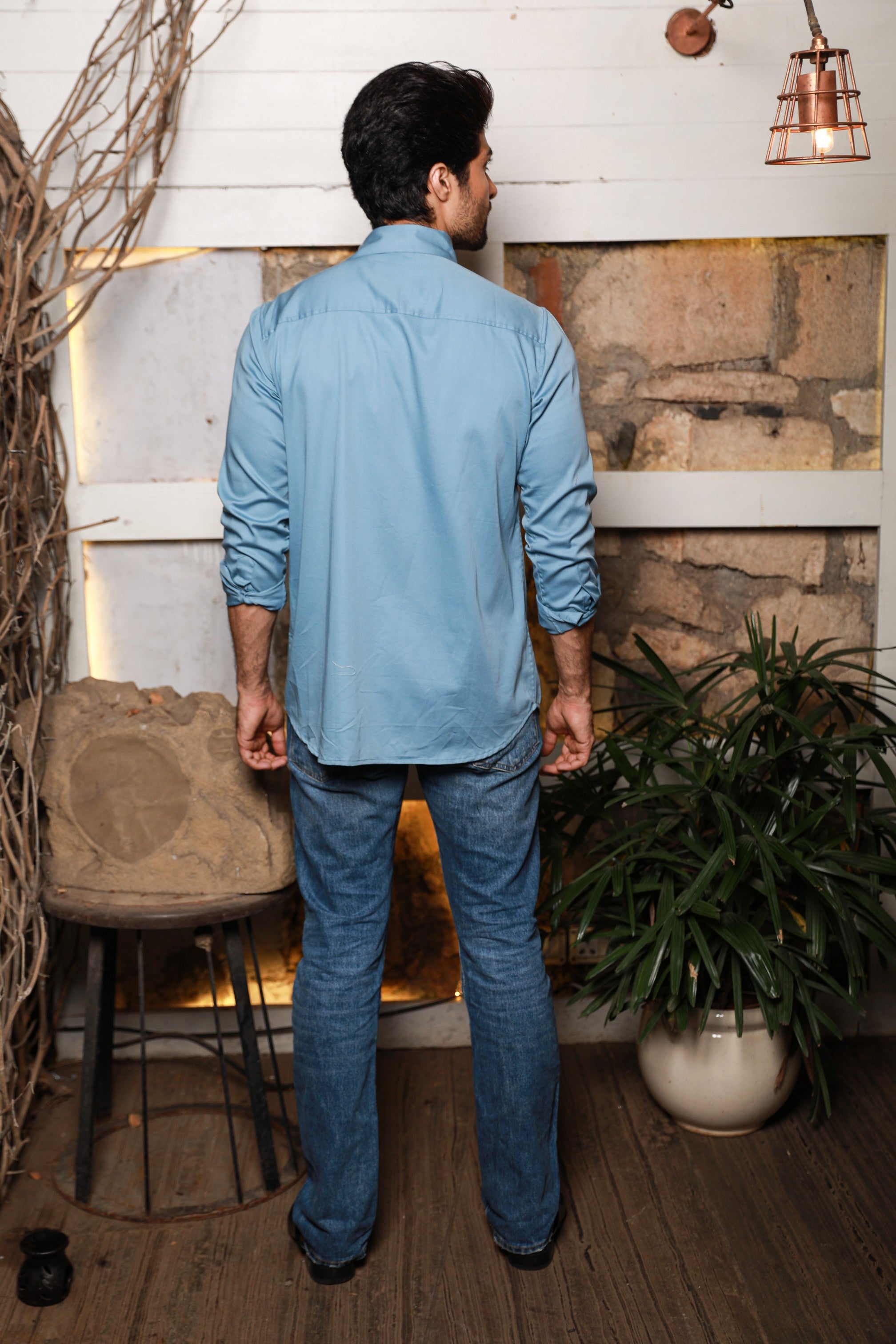 Slate blue shirt with off center collar