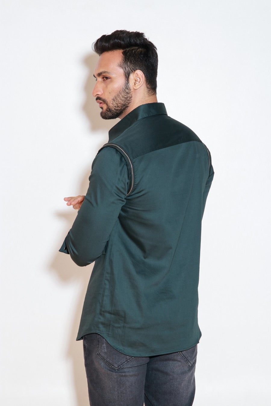 Dark green full sleeves shirt with silver zipper