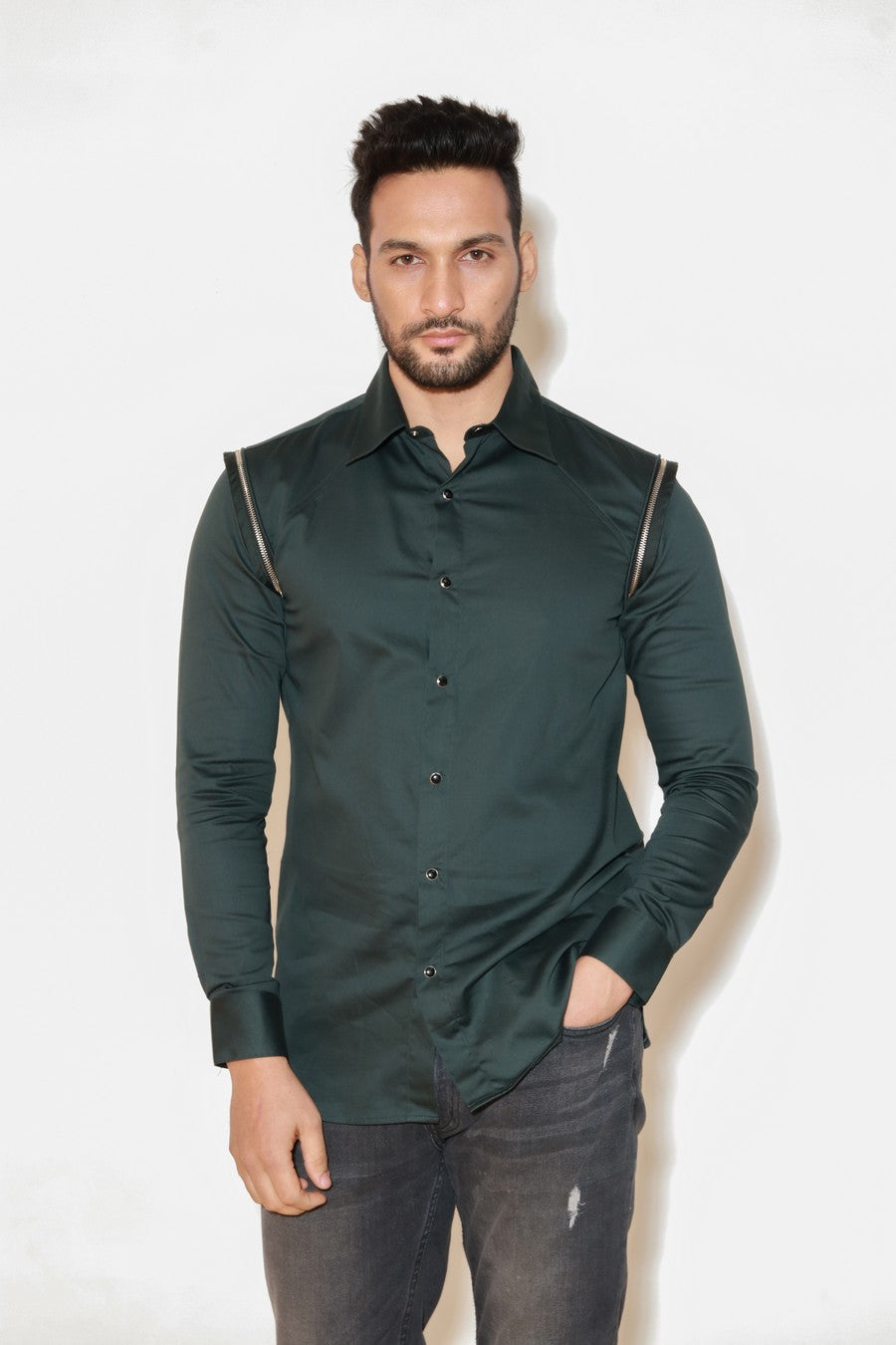 Dark green full sleeves shirt with silver zipper