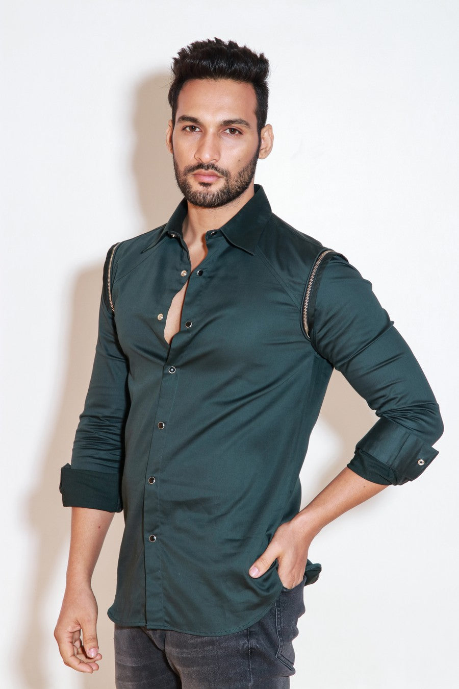 Dark green full sleeves shirt with silver zipper