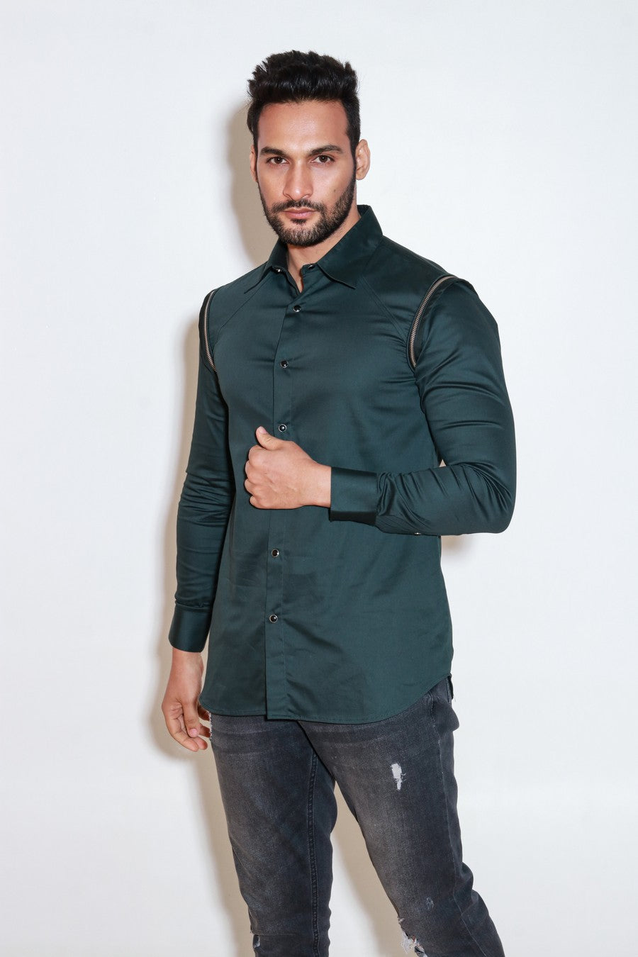 Dark green full sleeves shirt with silver zipper