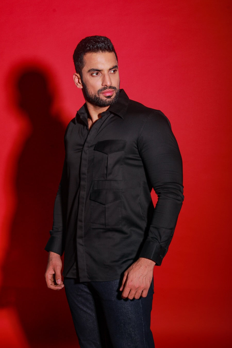 Black full sleeves shirt with safari pocket