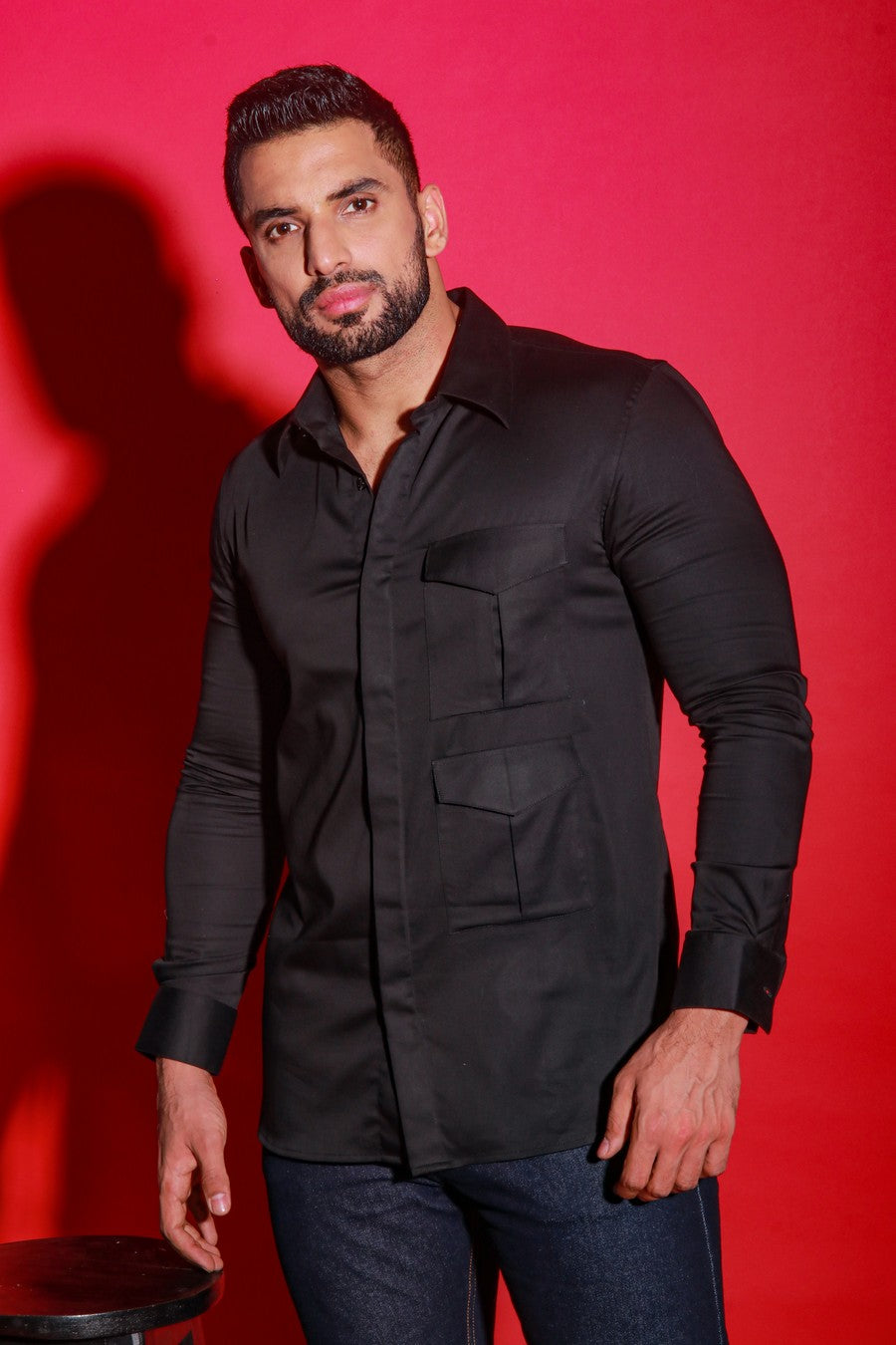 Black full sleeves shirt with safari pocket