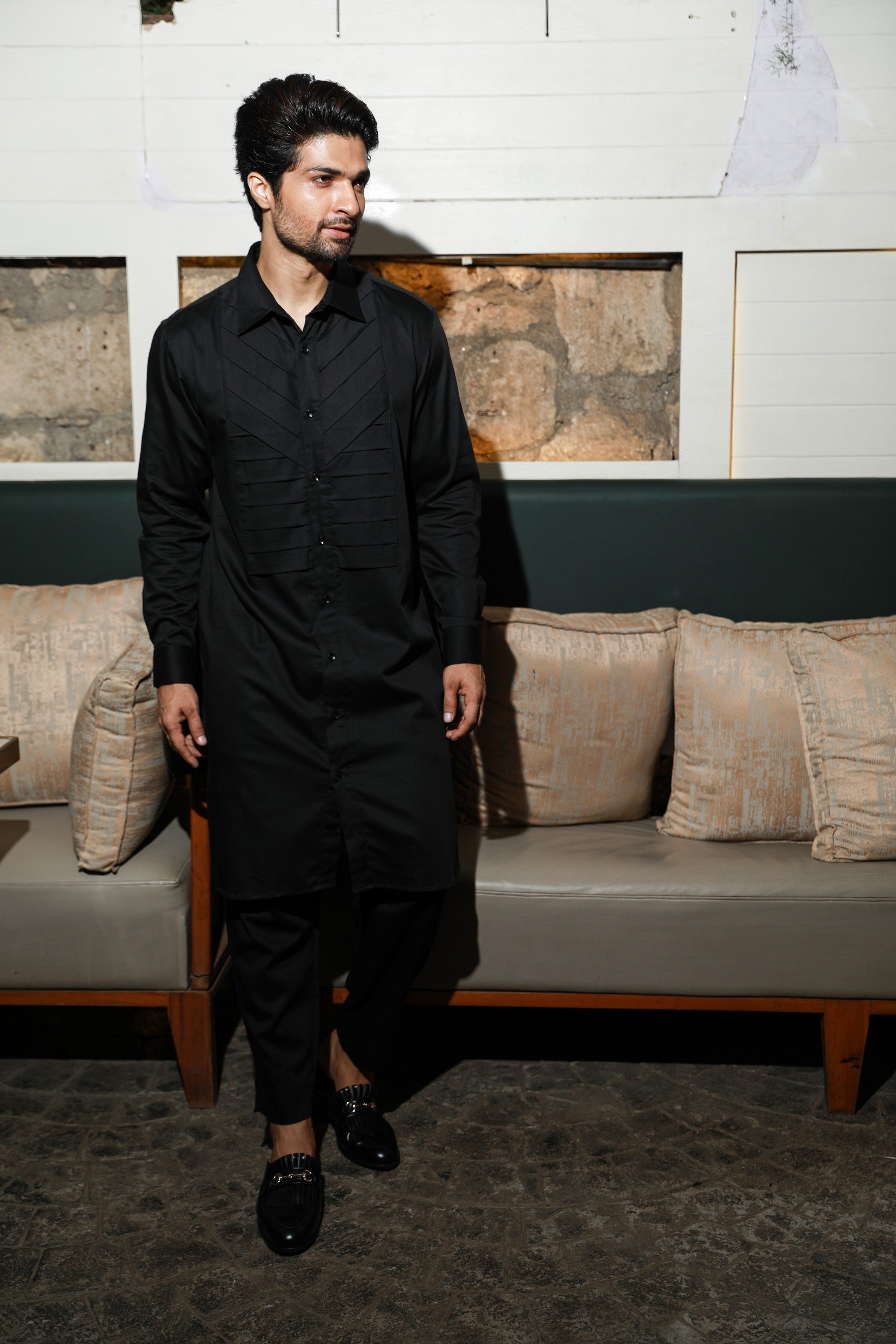 Black co-ord set with diagonal and horizontal panel