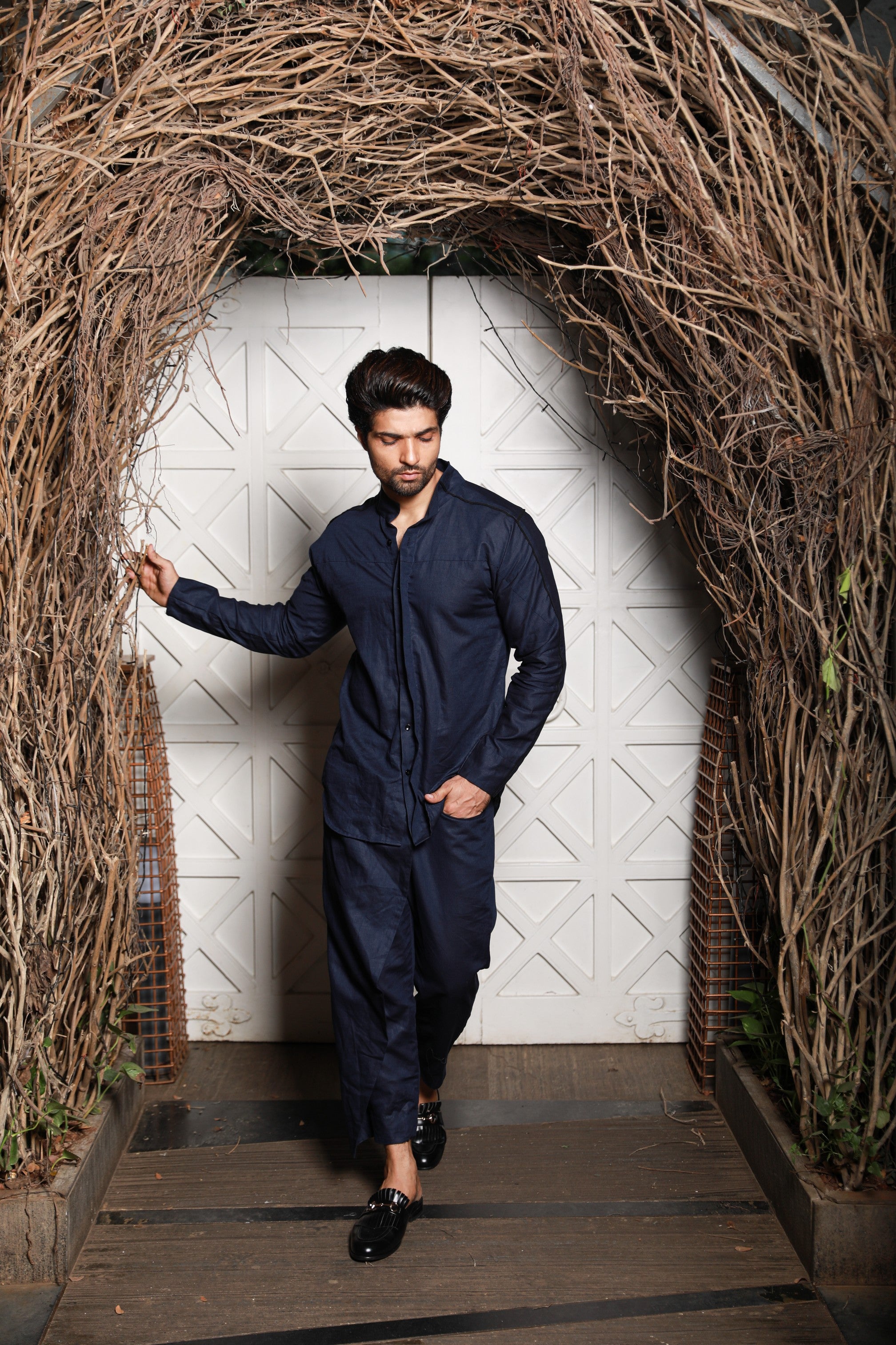 Navy blue linen with black piping co-ord set with black pants