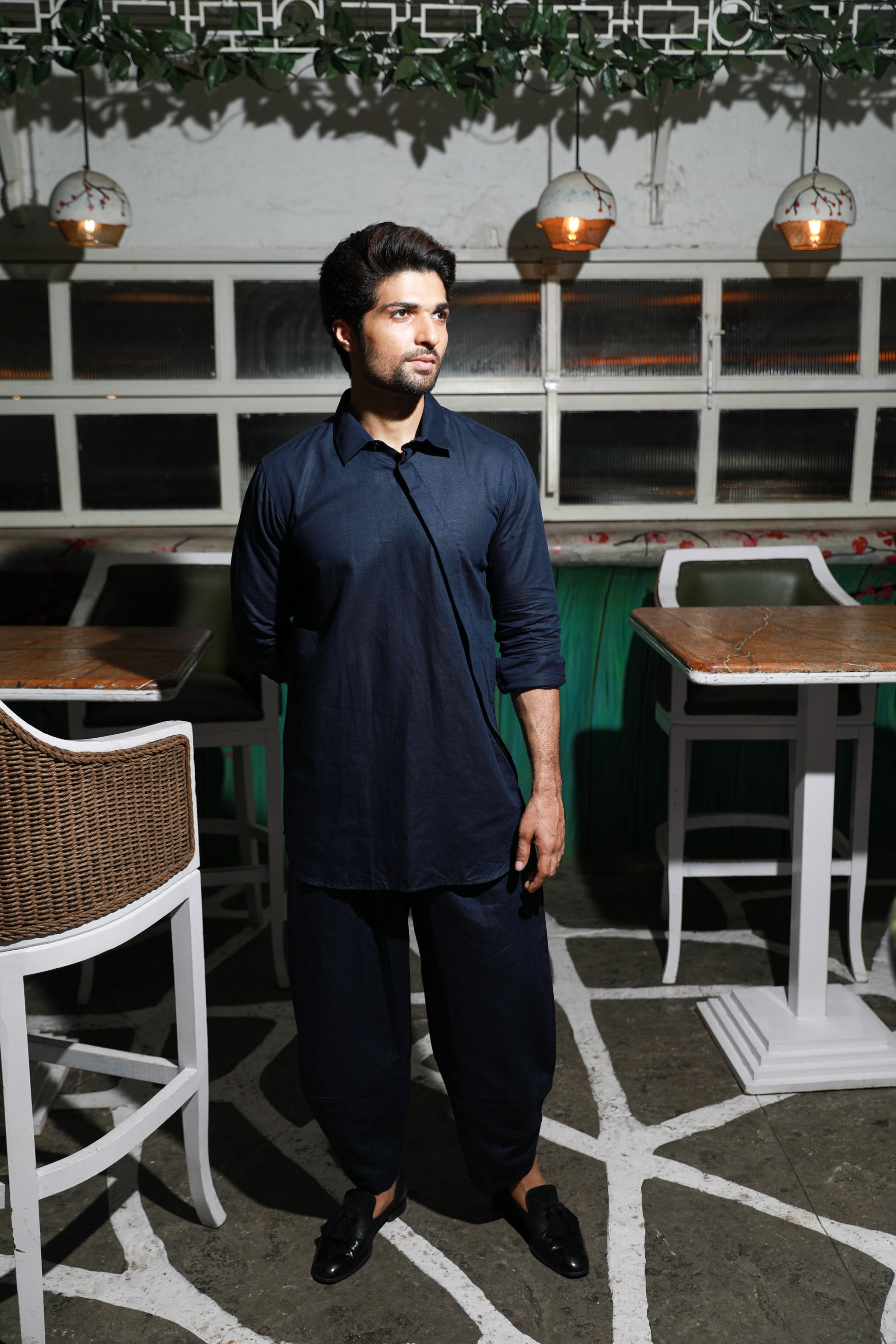 Blue linen small collared kurta with dhoti pants