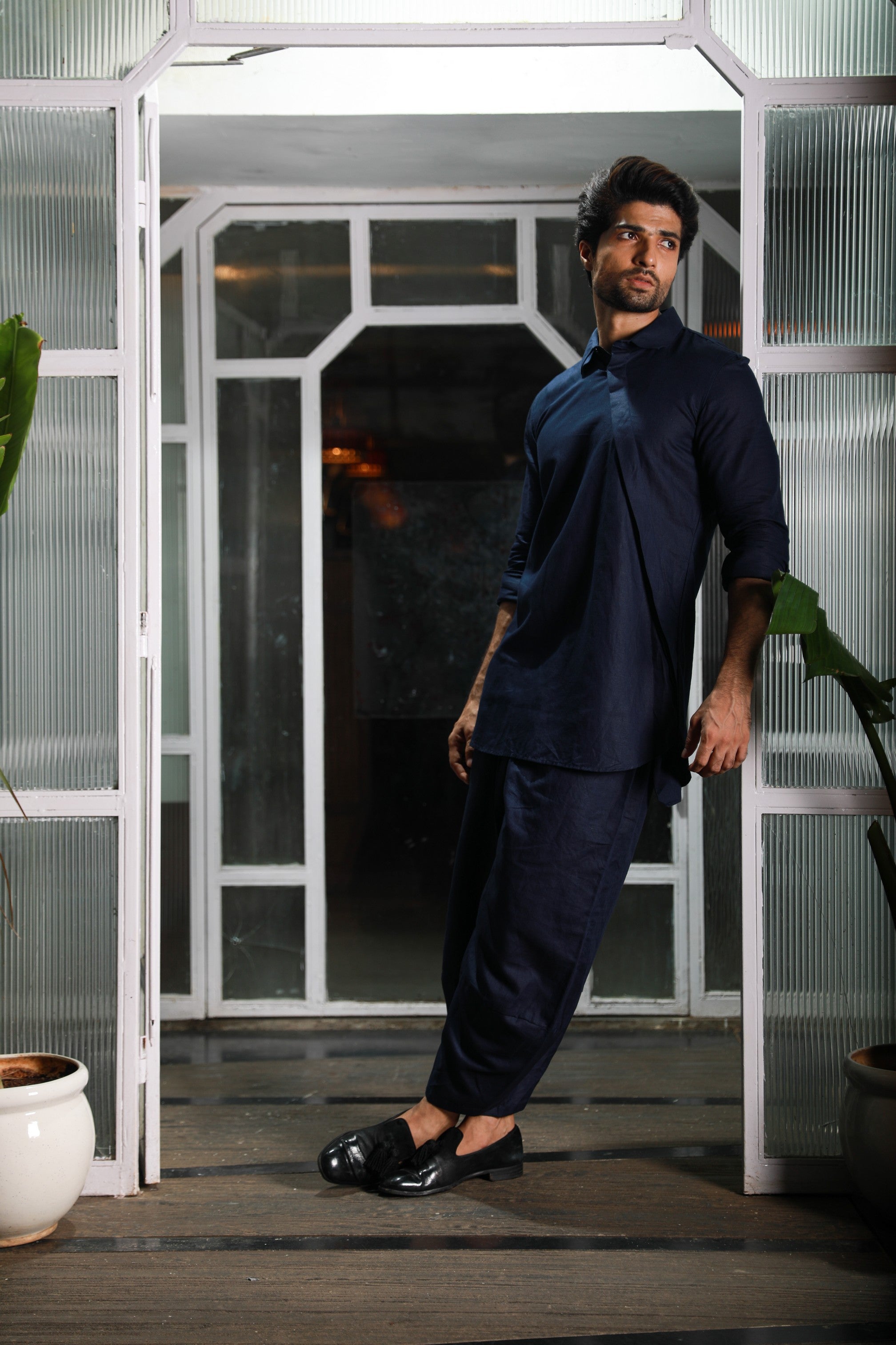 Blue linen small collared kurta with dhoti pants