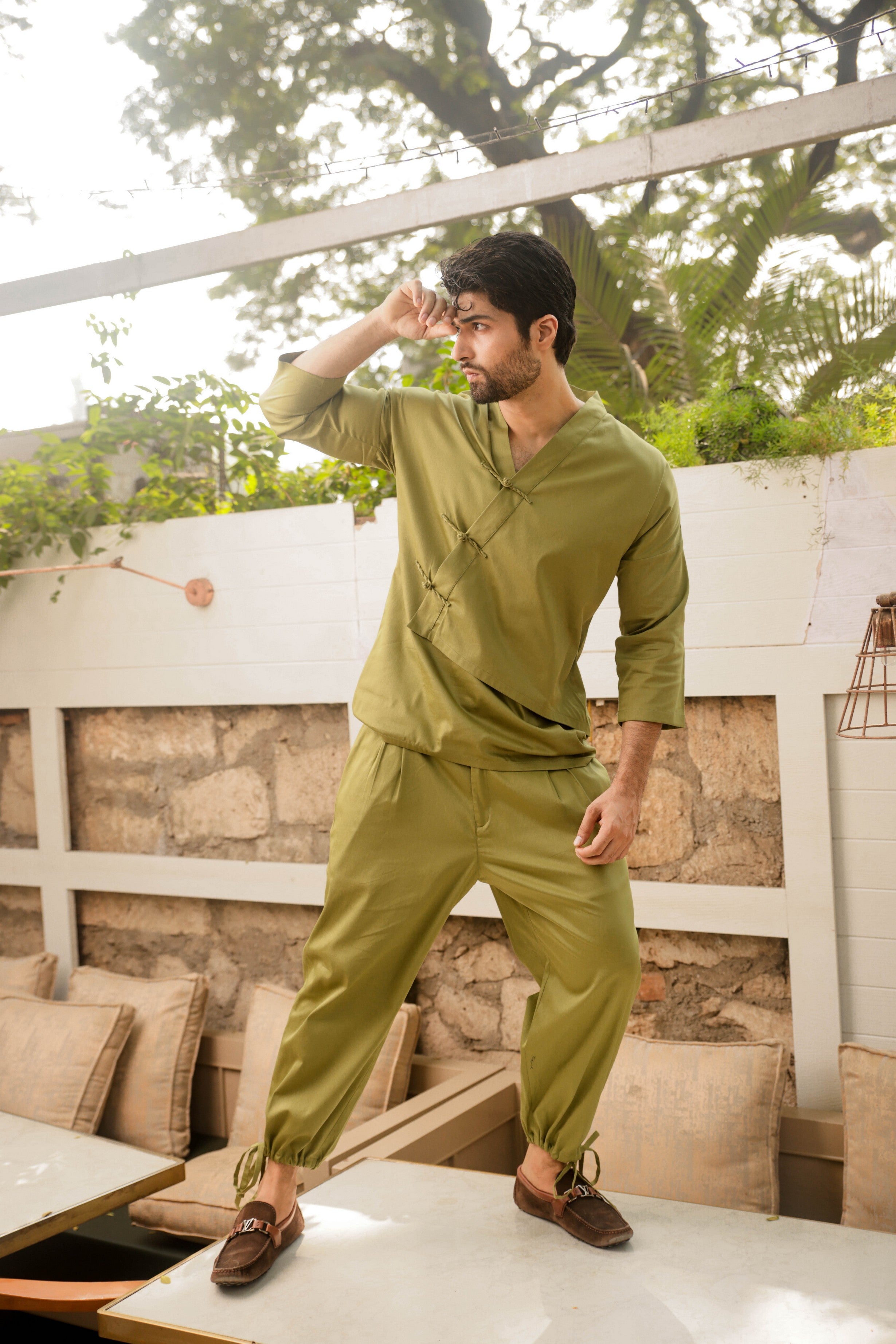 Light green oriental jacket with harem pants