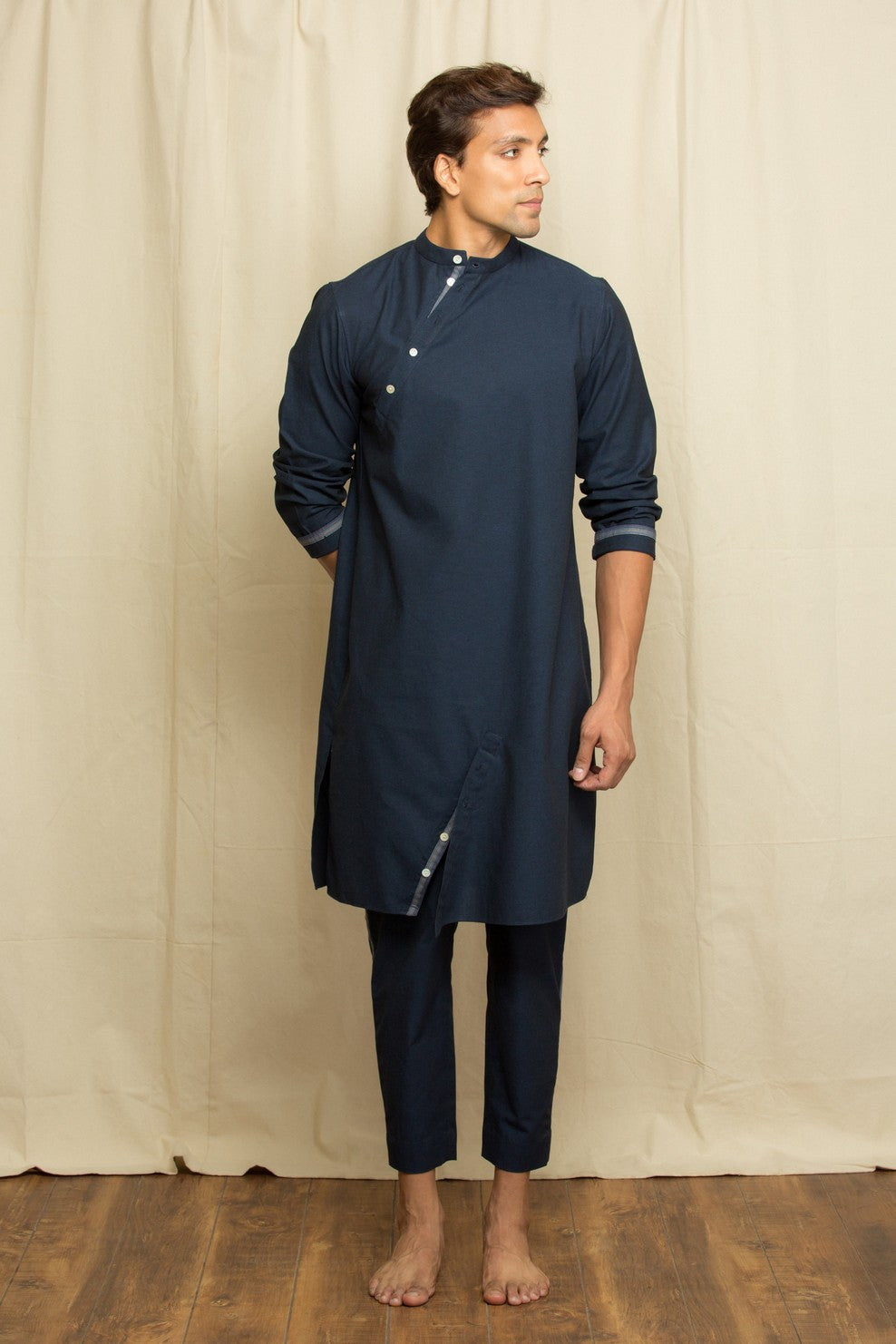 Blue linen kurta with slant button feature and pants co-ord set