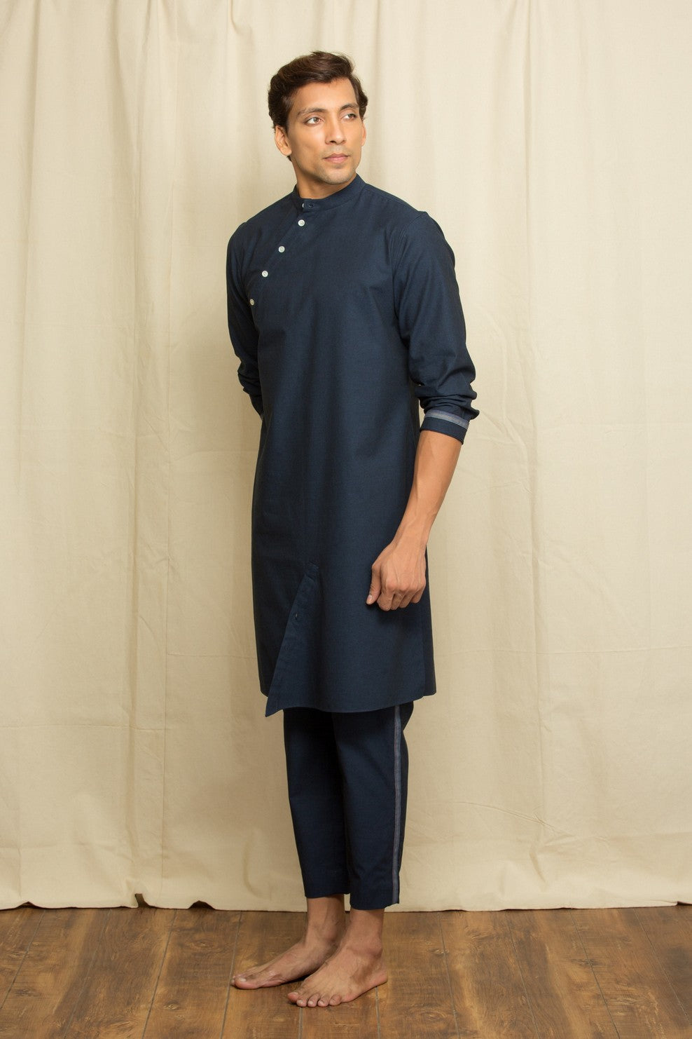 Blue linen kurta with slant button feature and pants co-ord set