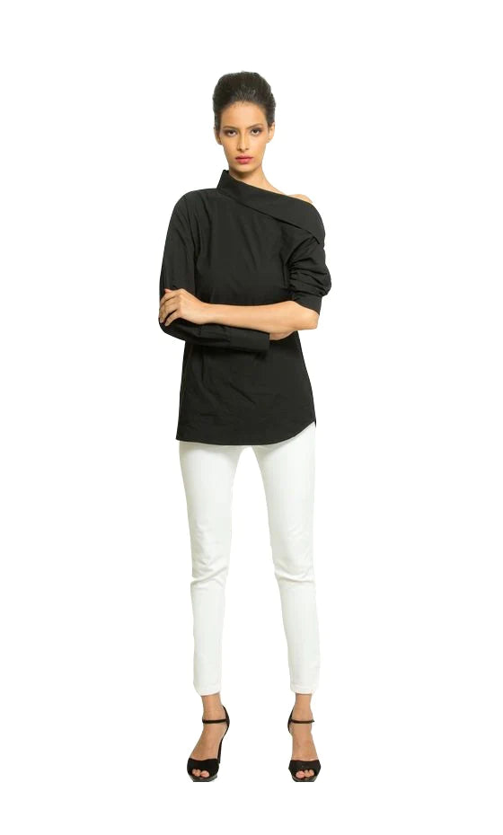 Black off shoulder collared buttoned shirt