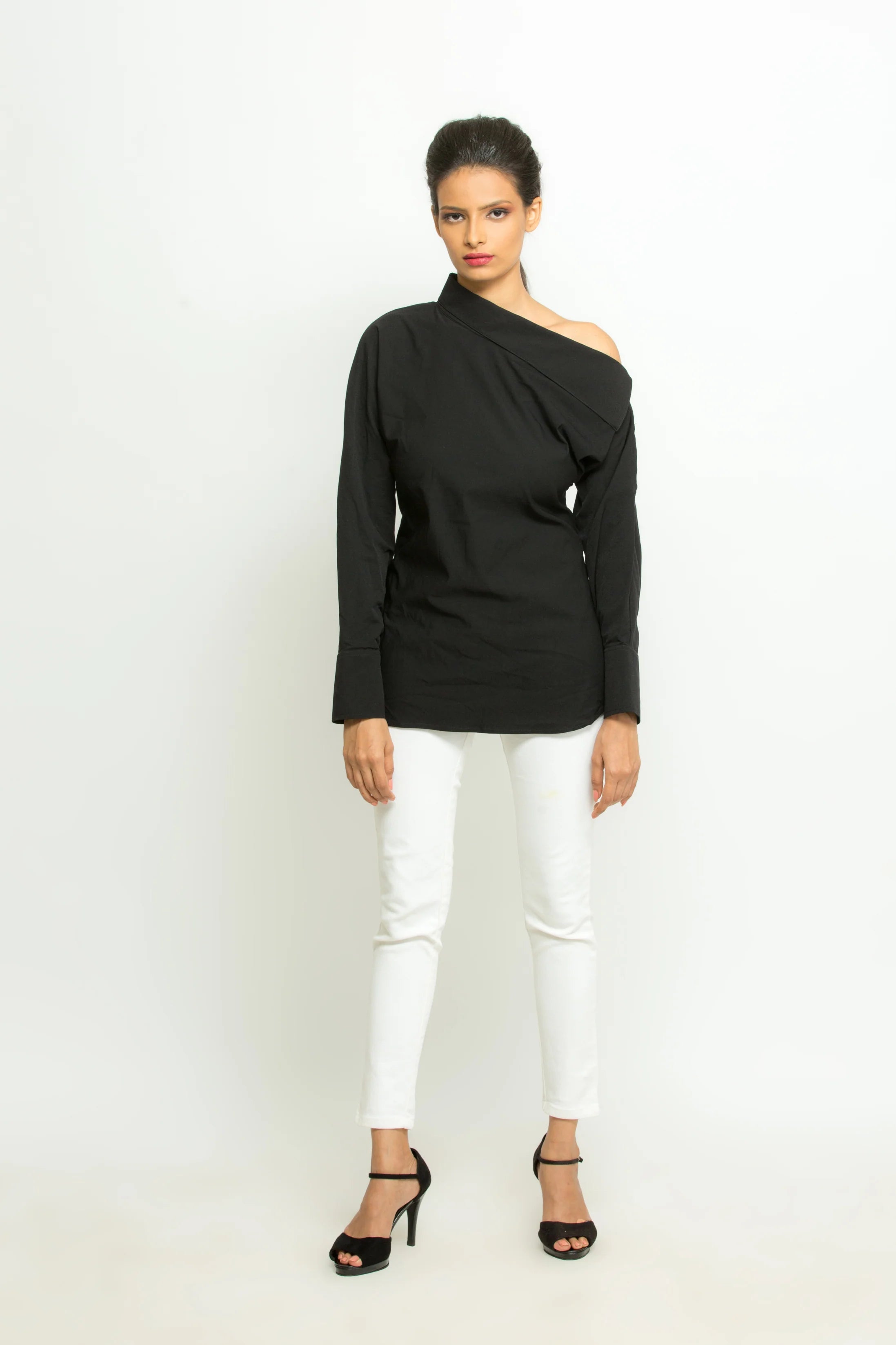 Black off shoulder collared buttoned shirt