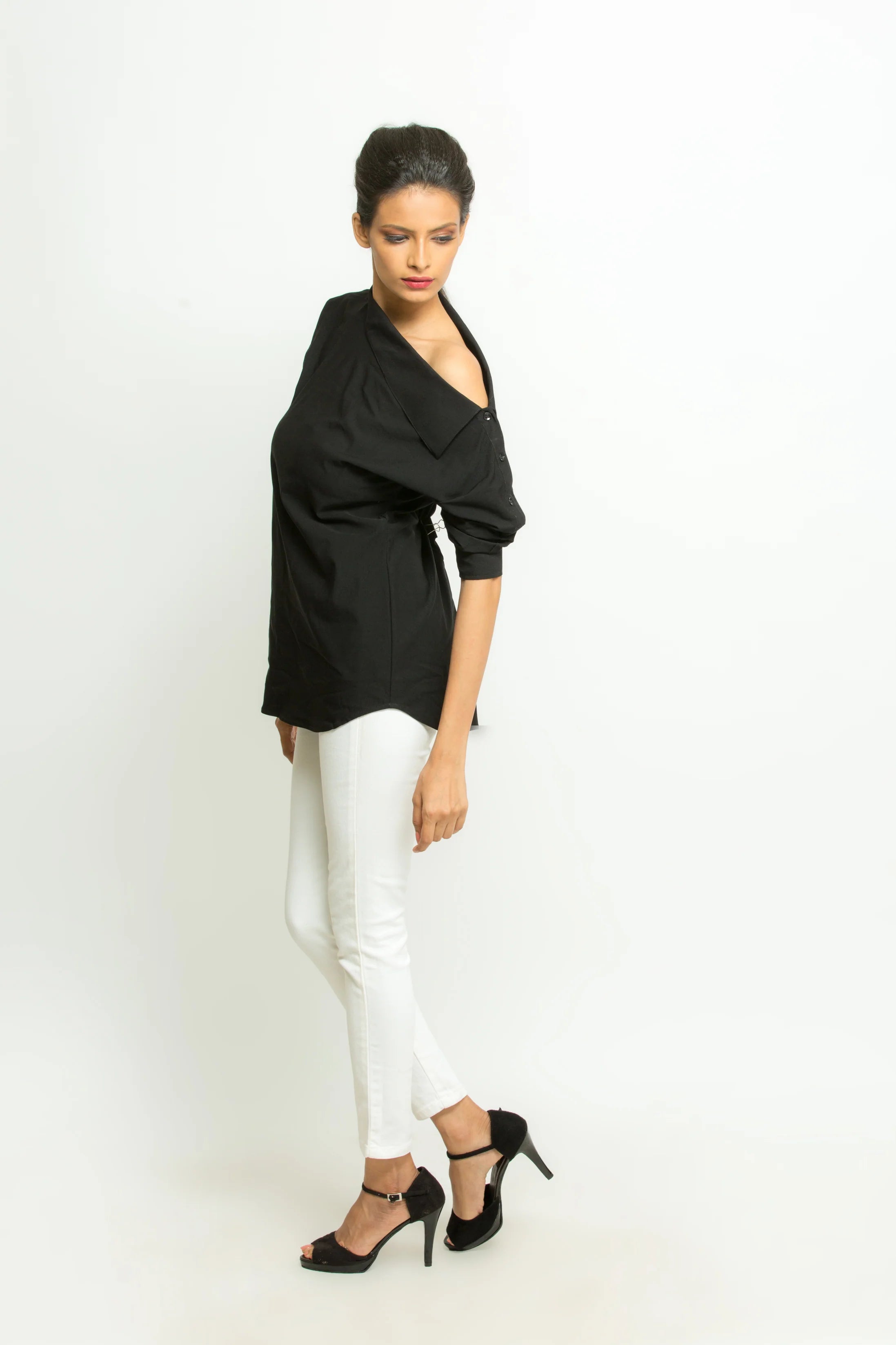 Black off shoulder collared buttoned shirt