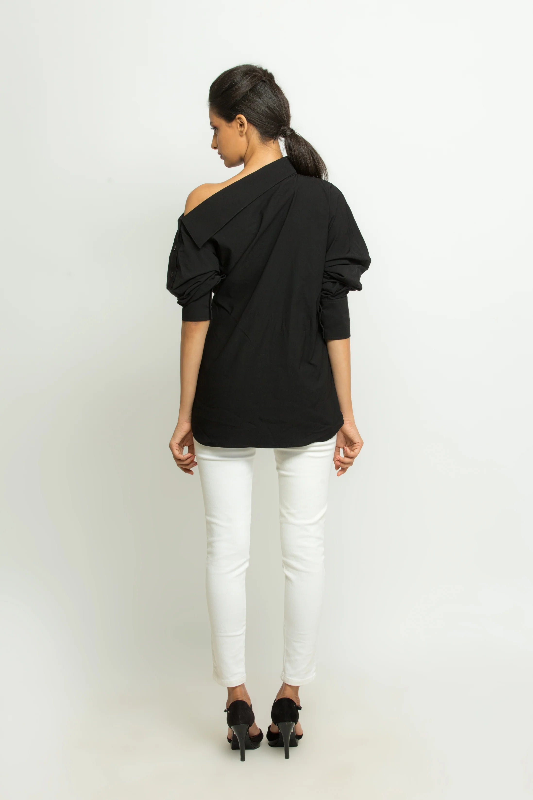 Black off shoulder collared buttoned shirt