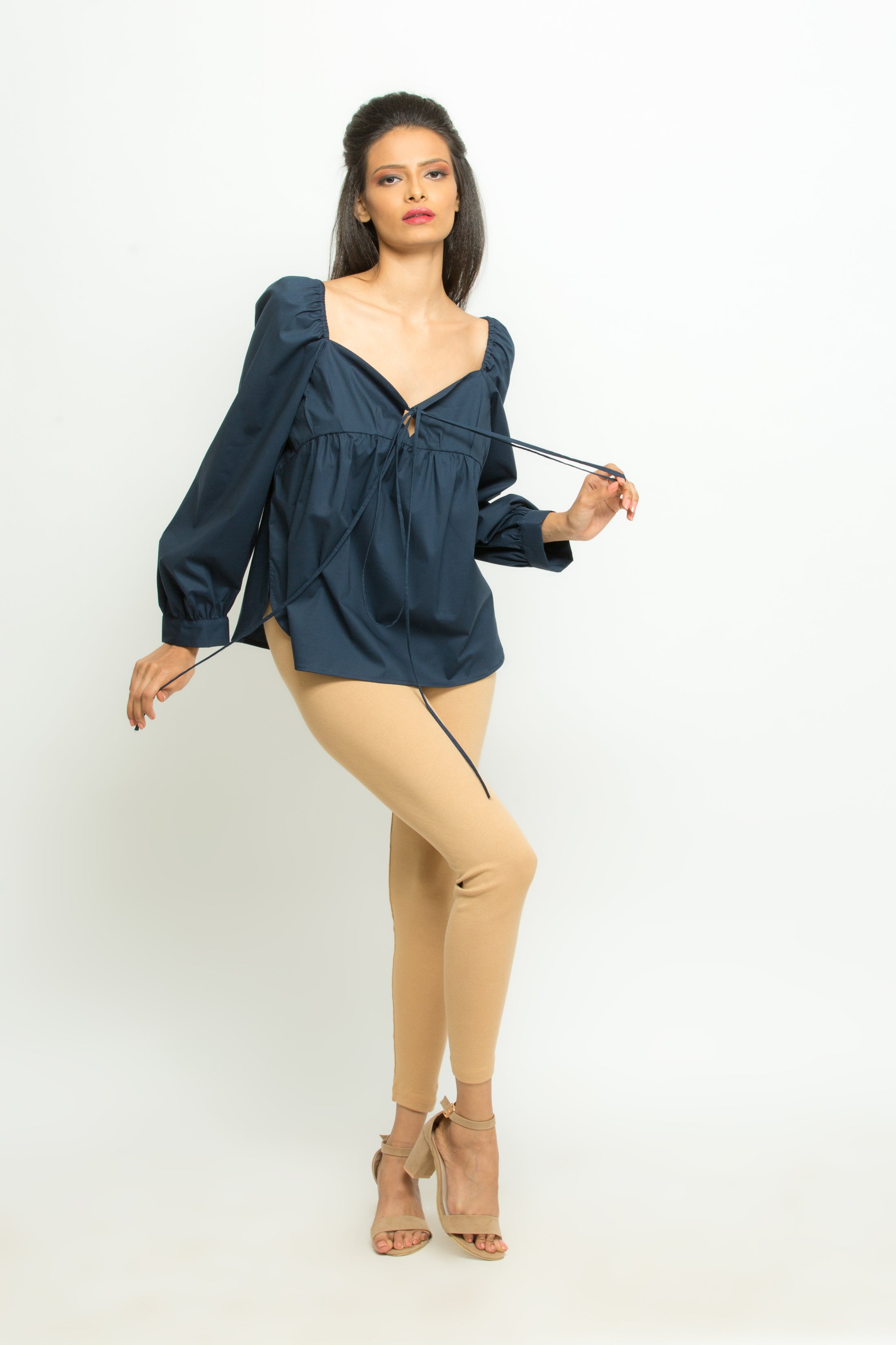 Blue Blouson with frilled sleeves