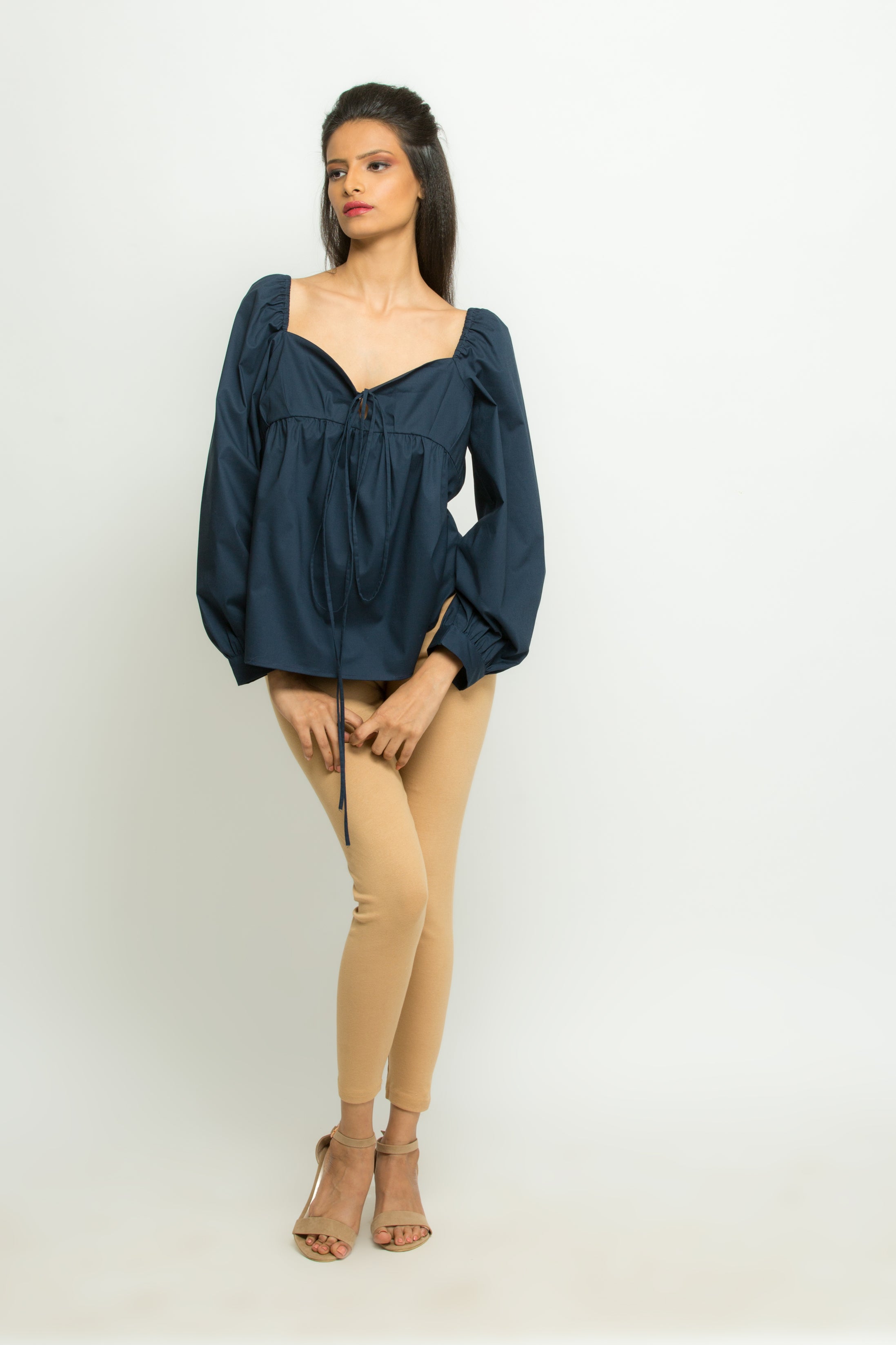 Blue Blouson with frilled sleeves