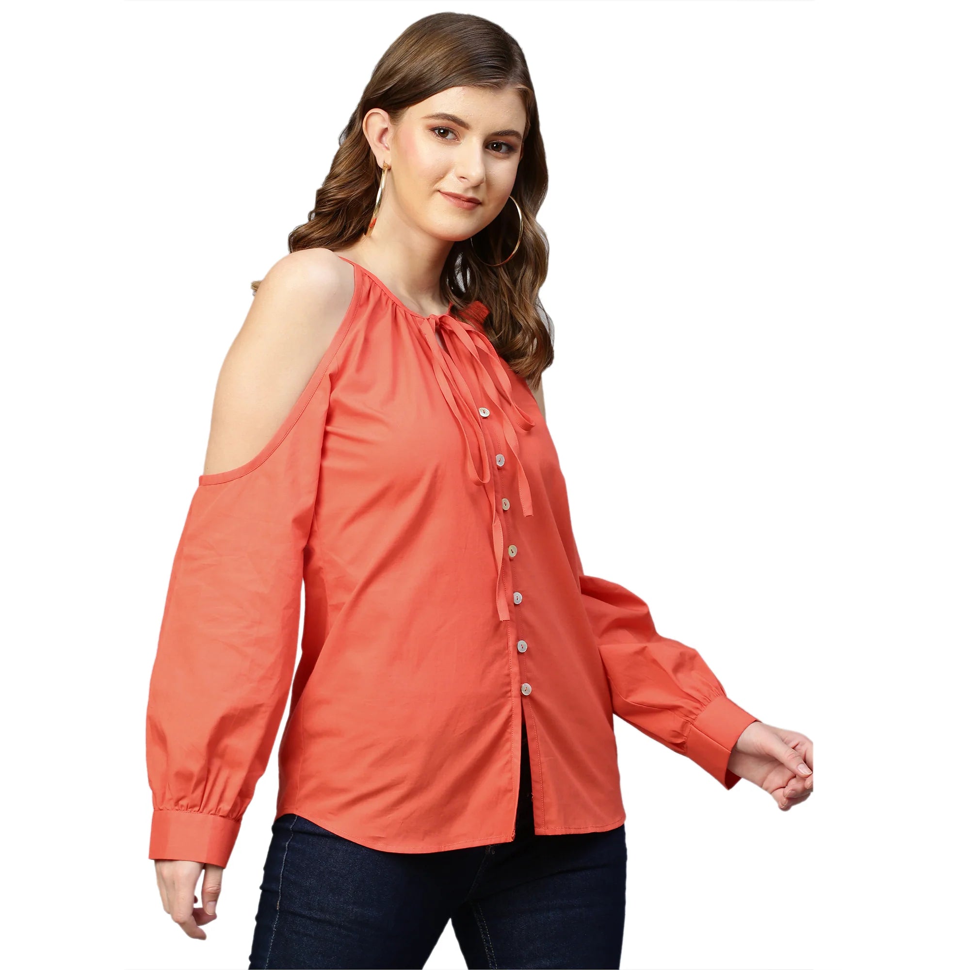 Neck tie-up and cold shoulder shirt