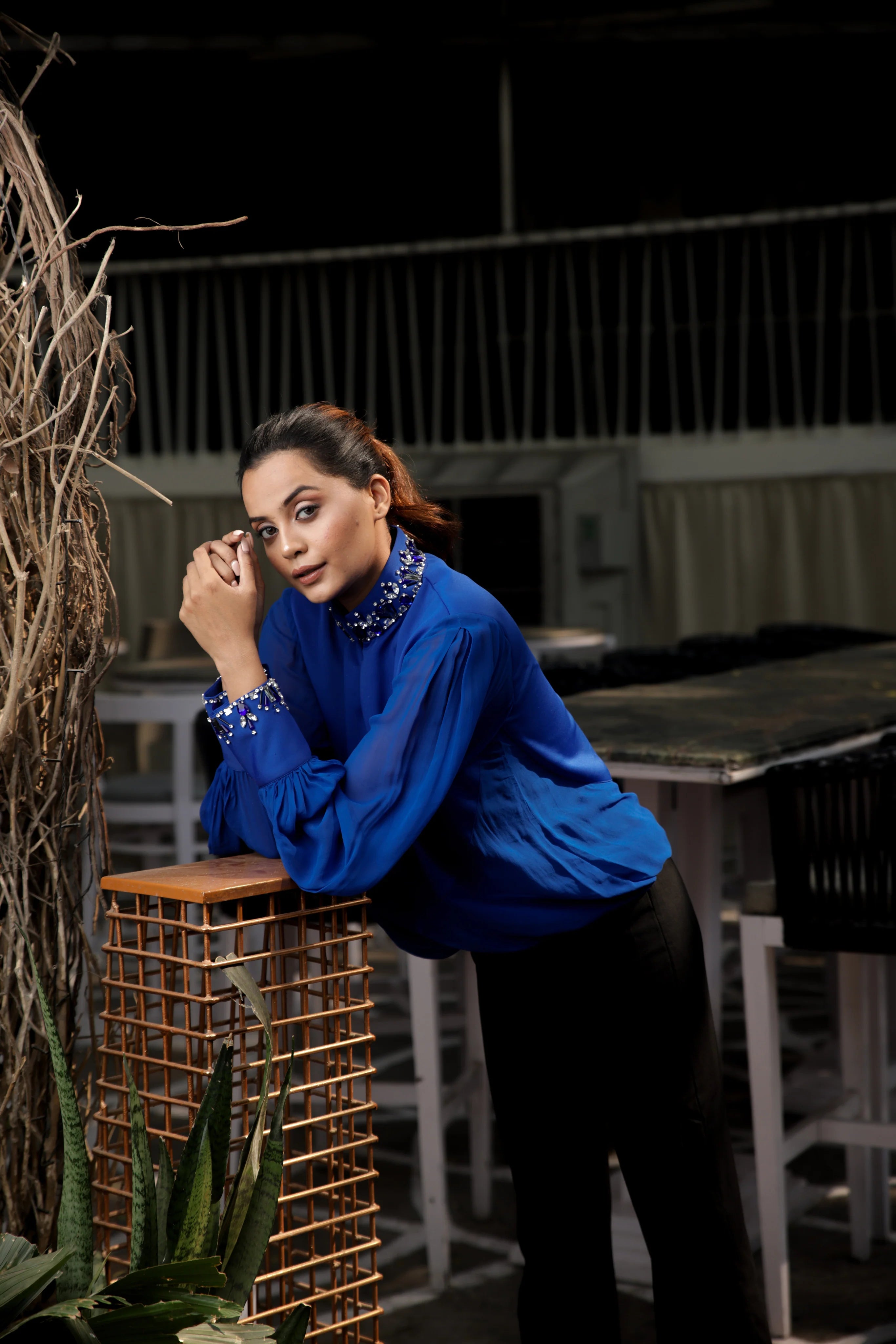 Embellished chinese collar top