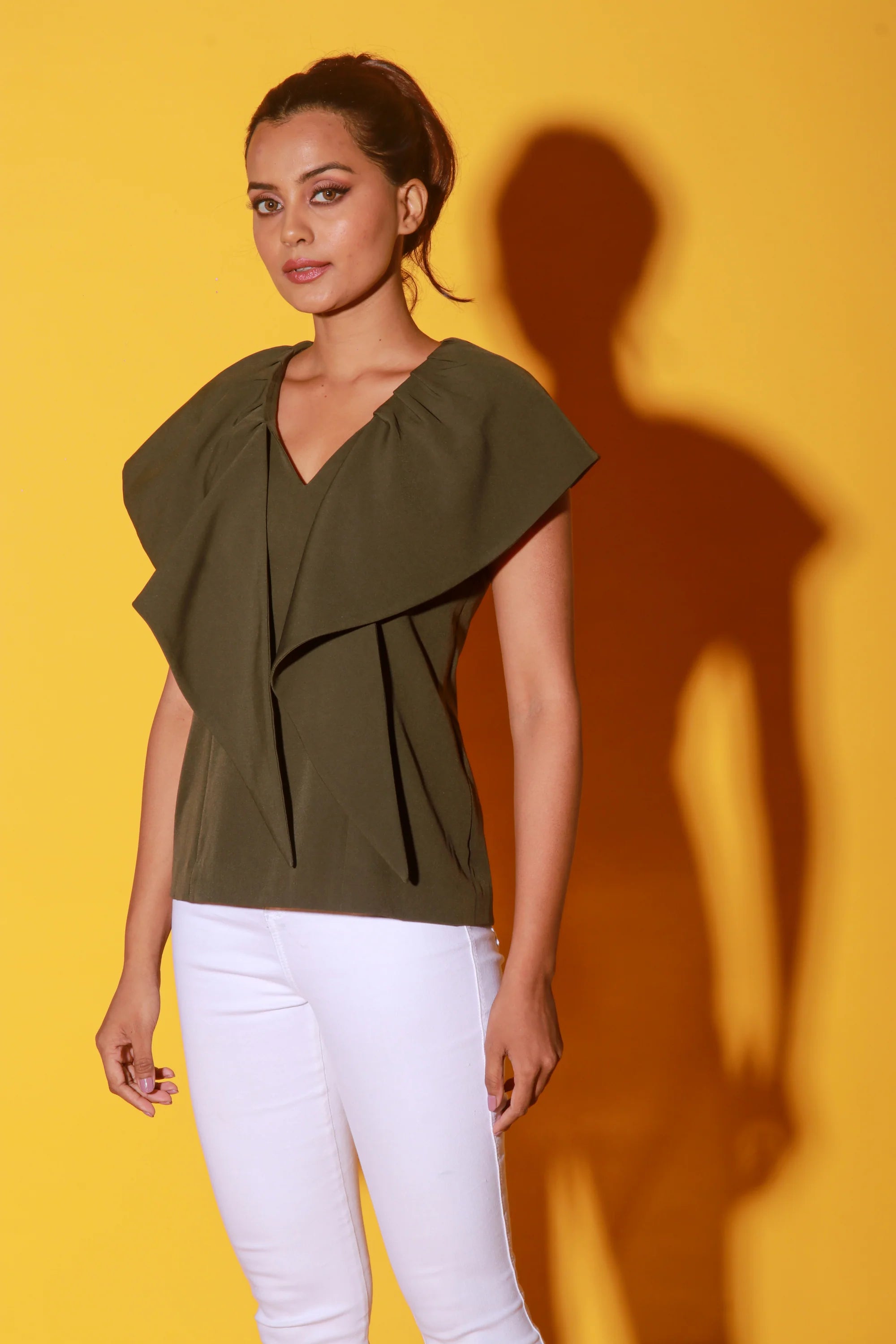 Olive green V-neck top with frills