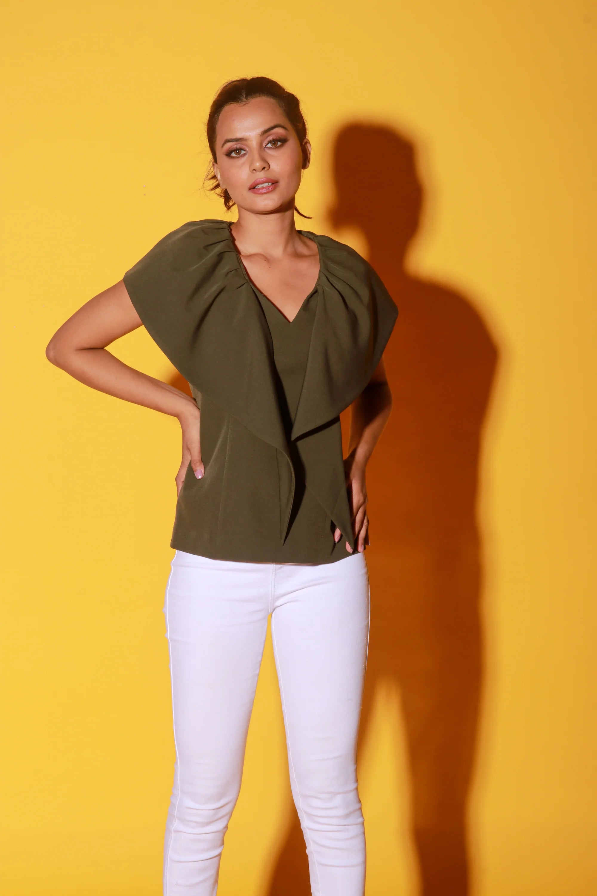 Olive green V-neck top with frills