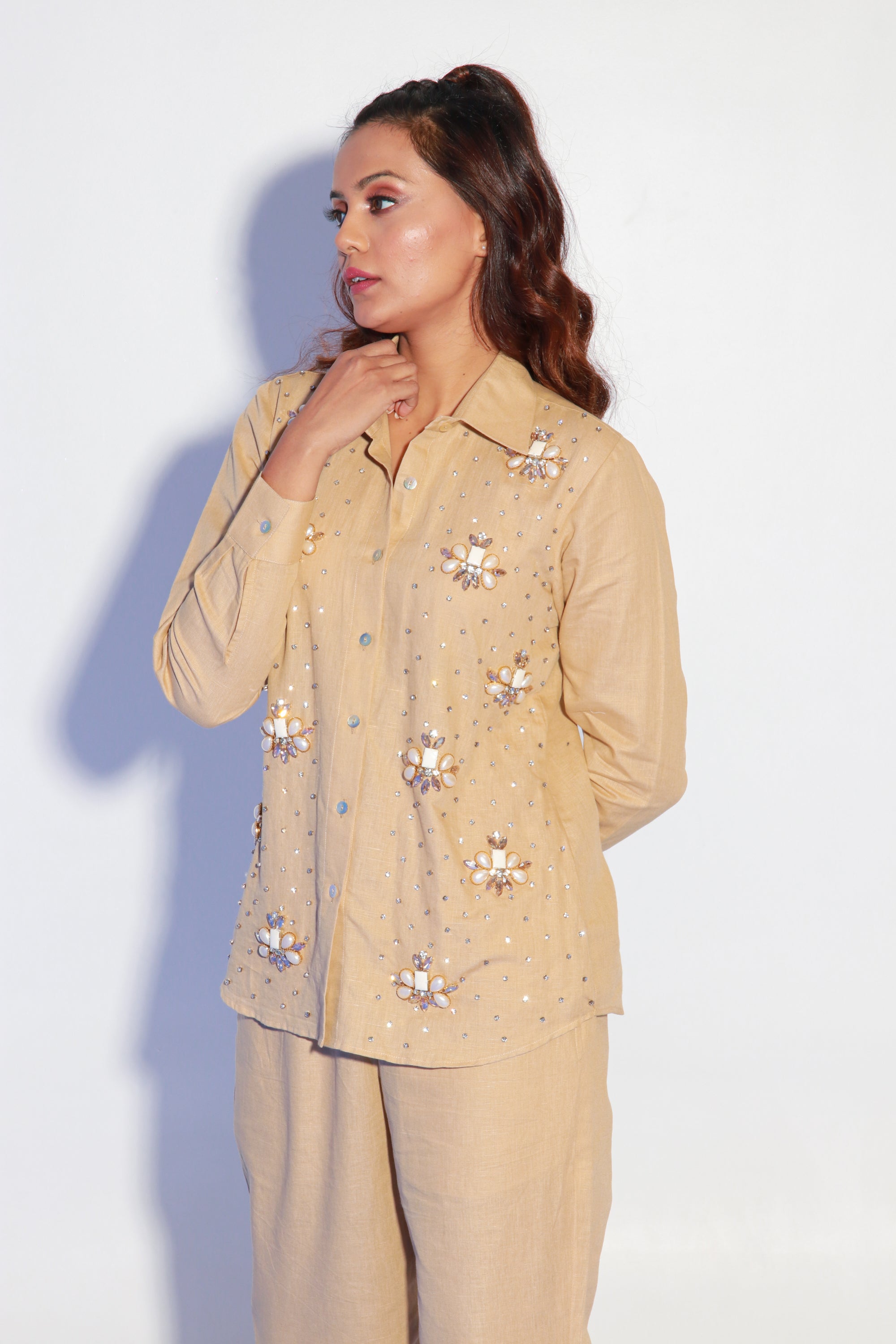 Beige linen co-ord set with embroidery