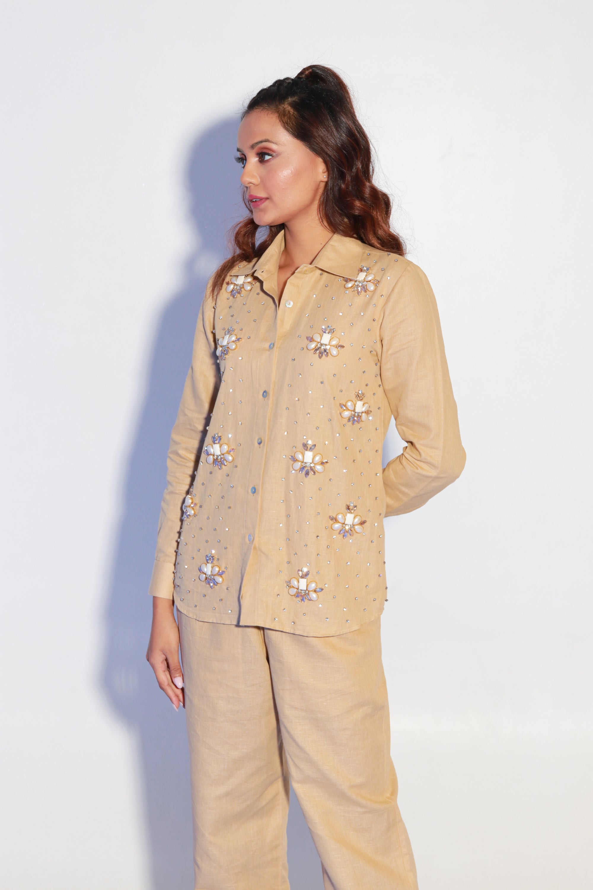 Beige linen co-ord set with embroidery