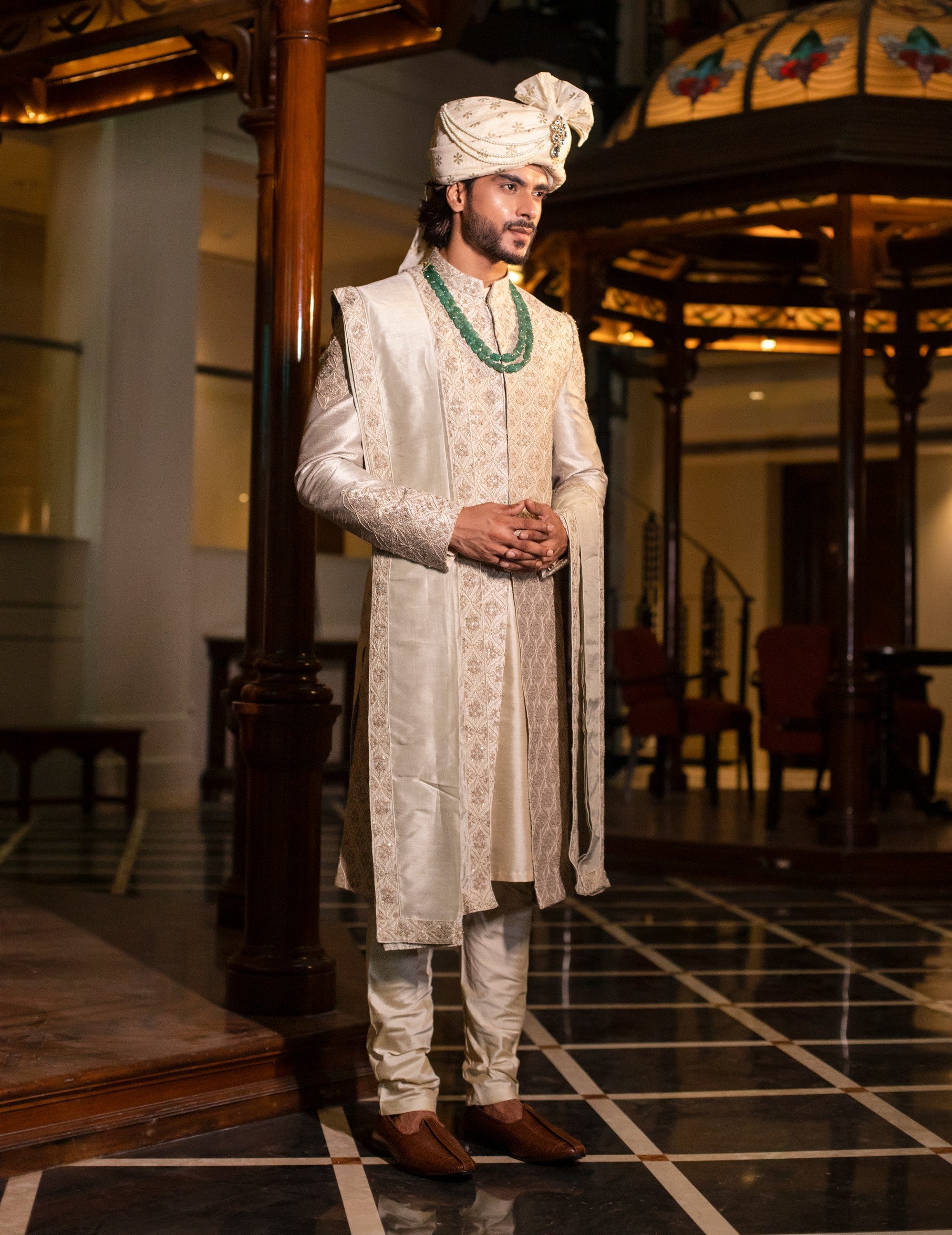 Hand Embroidered Sherwani with Kurta  and Dupatta Set