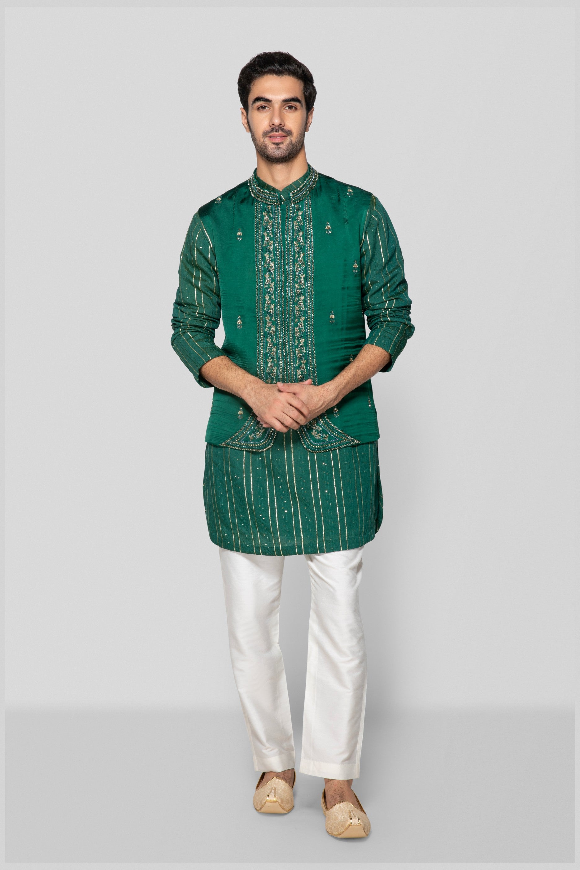 Embroidered Green Bundi Set