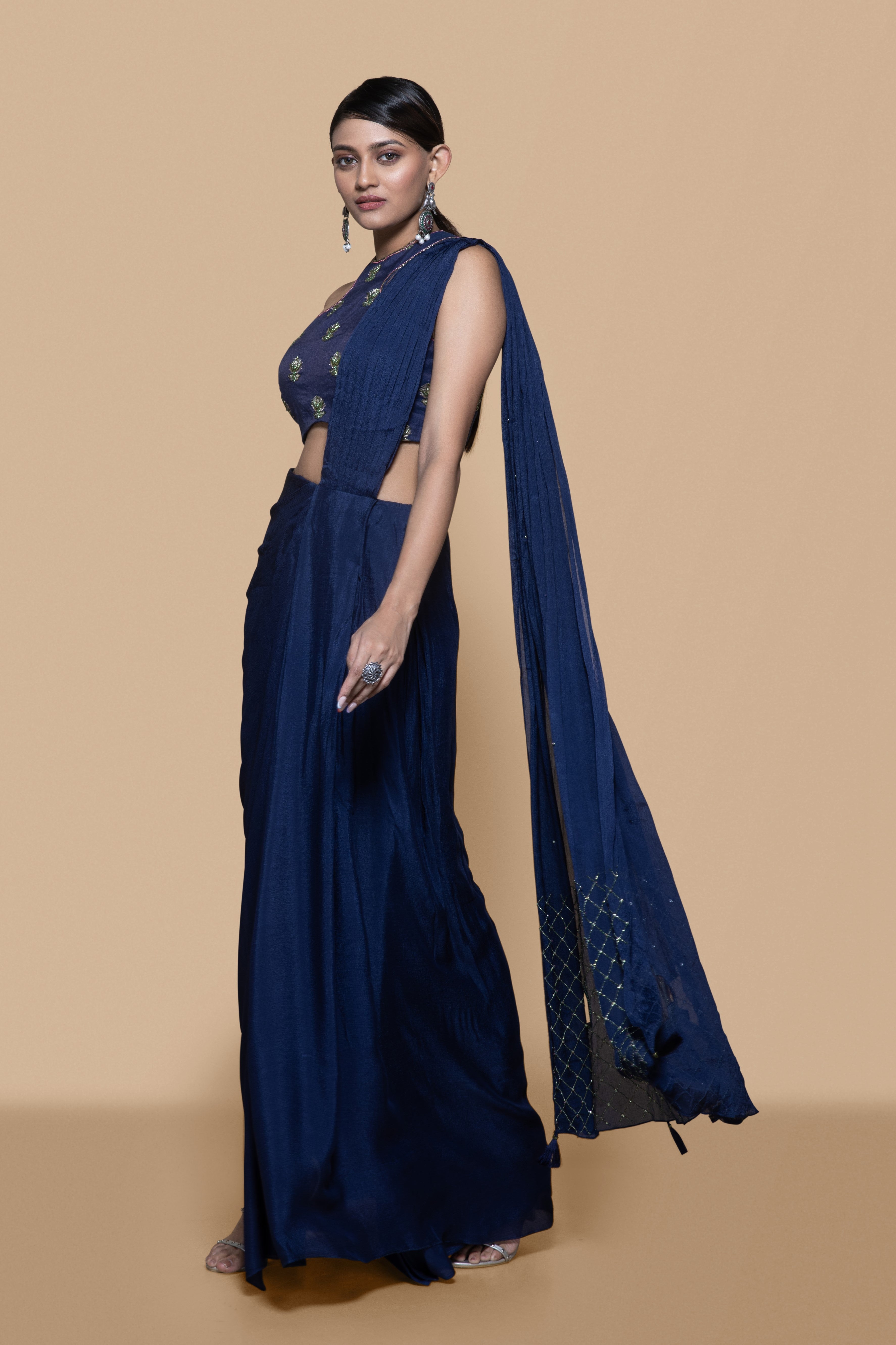 Blue Embroidered Brocade Saree