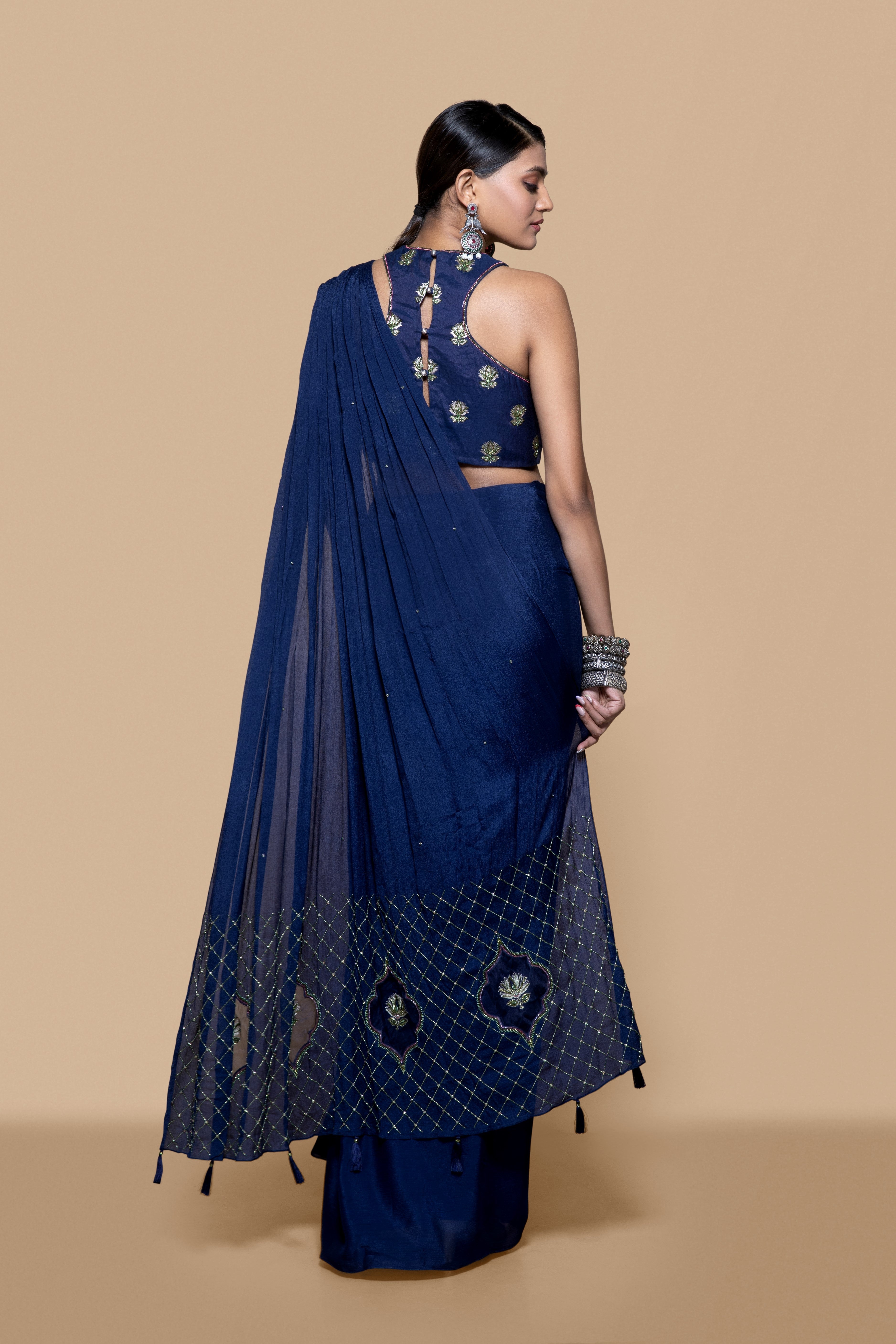 Blue Embroidered Brocade Saree