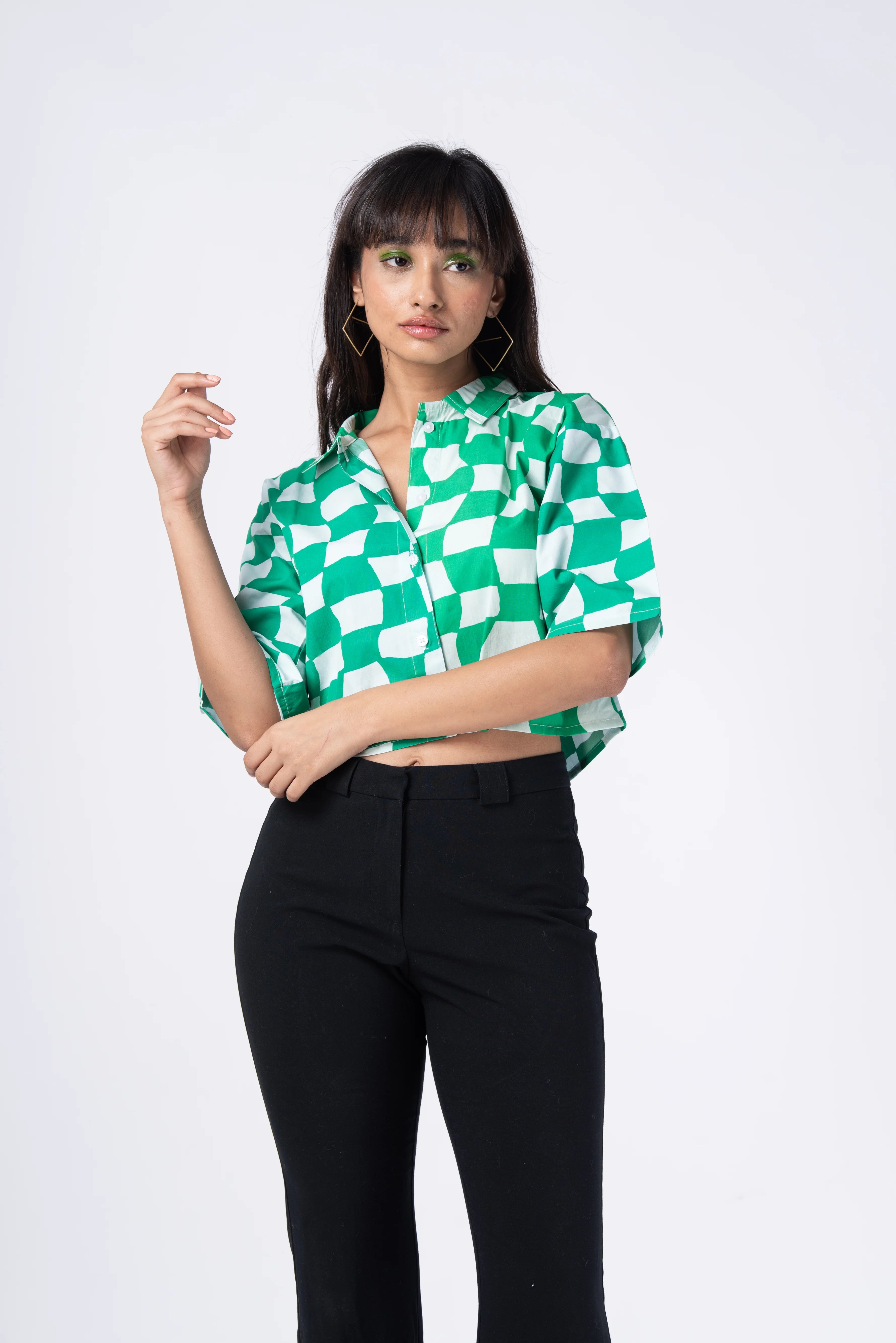 Green checkered crop shirt