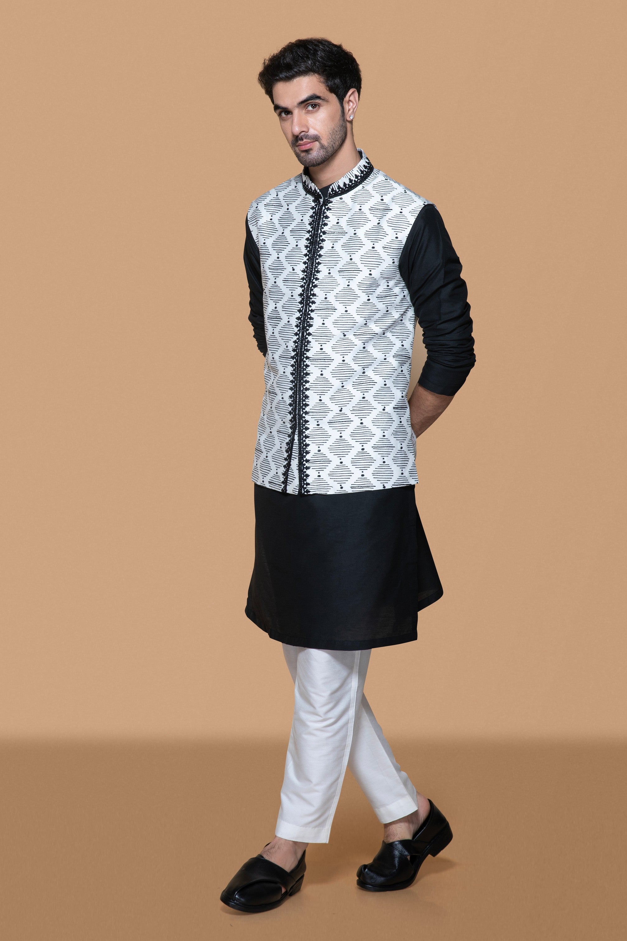 Ivory And Black Hand Block Printed Bundi Kurta Set