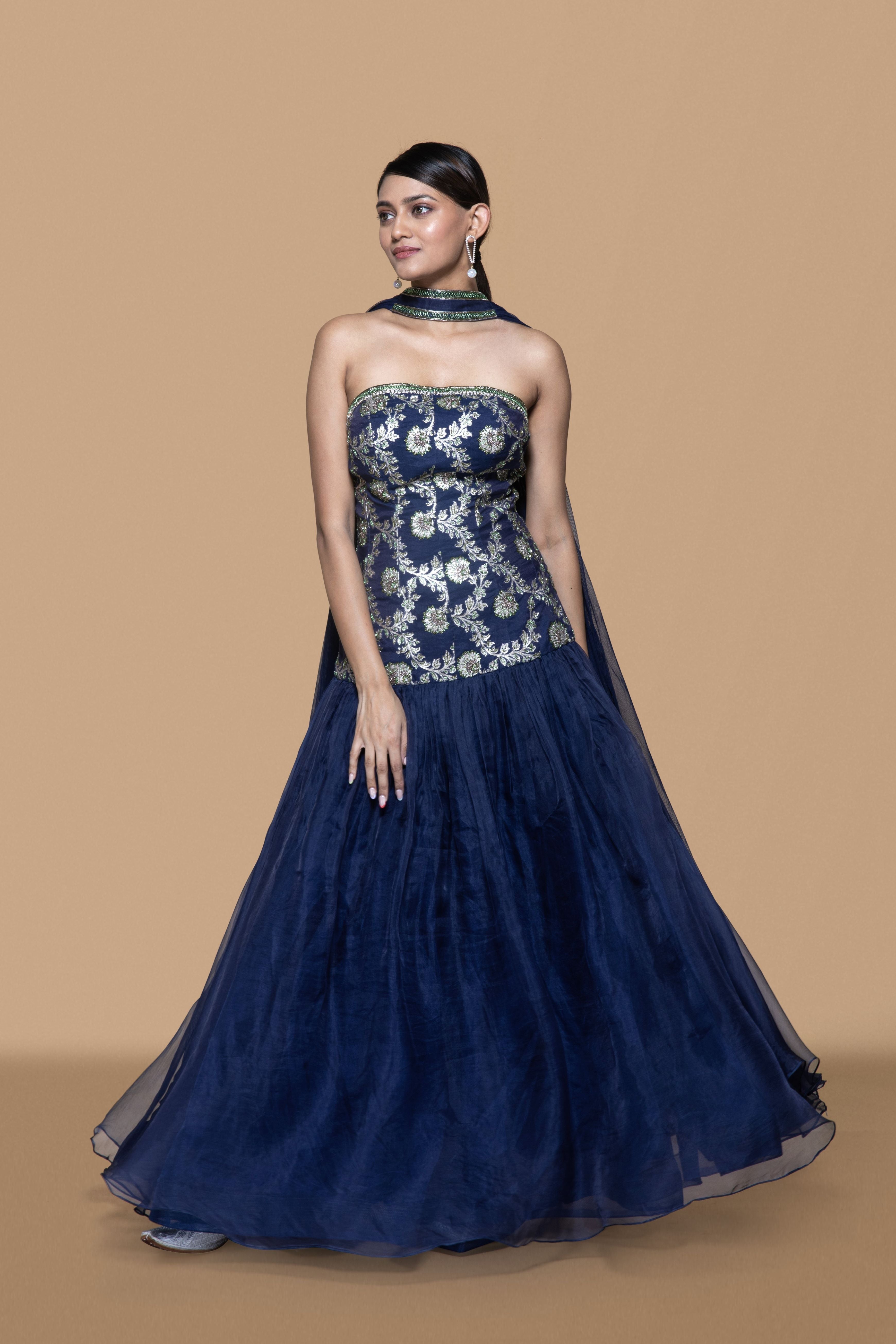 Blue Embroidered Brocade Dress With Dupatta