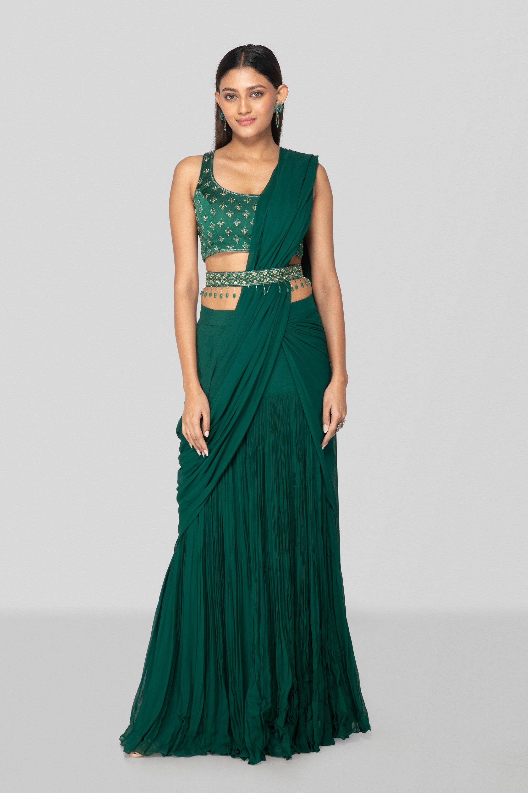 Emerald Green Pre Drape Saree With Blouse