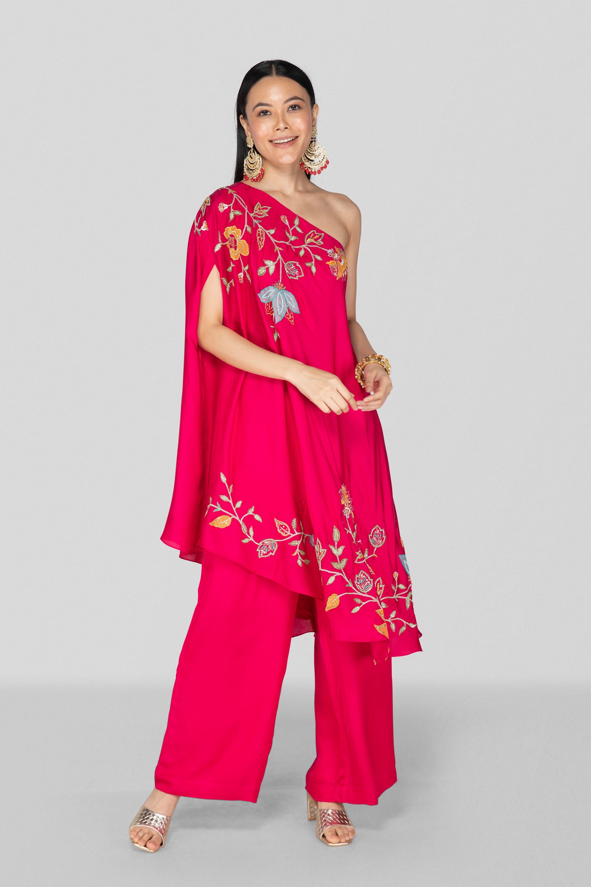 Hot Pink One Shoulder Applique Co-ord Set