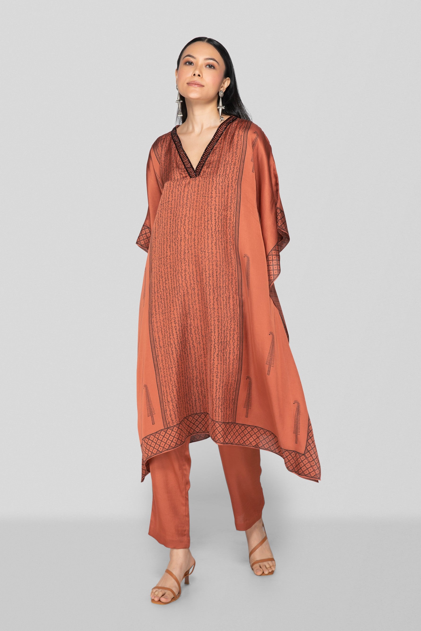 Dark Peach Hand Block Printed Kaftan Set