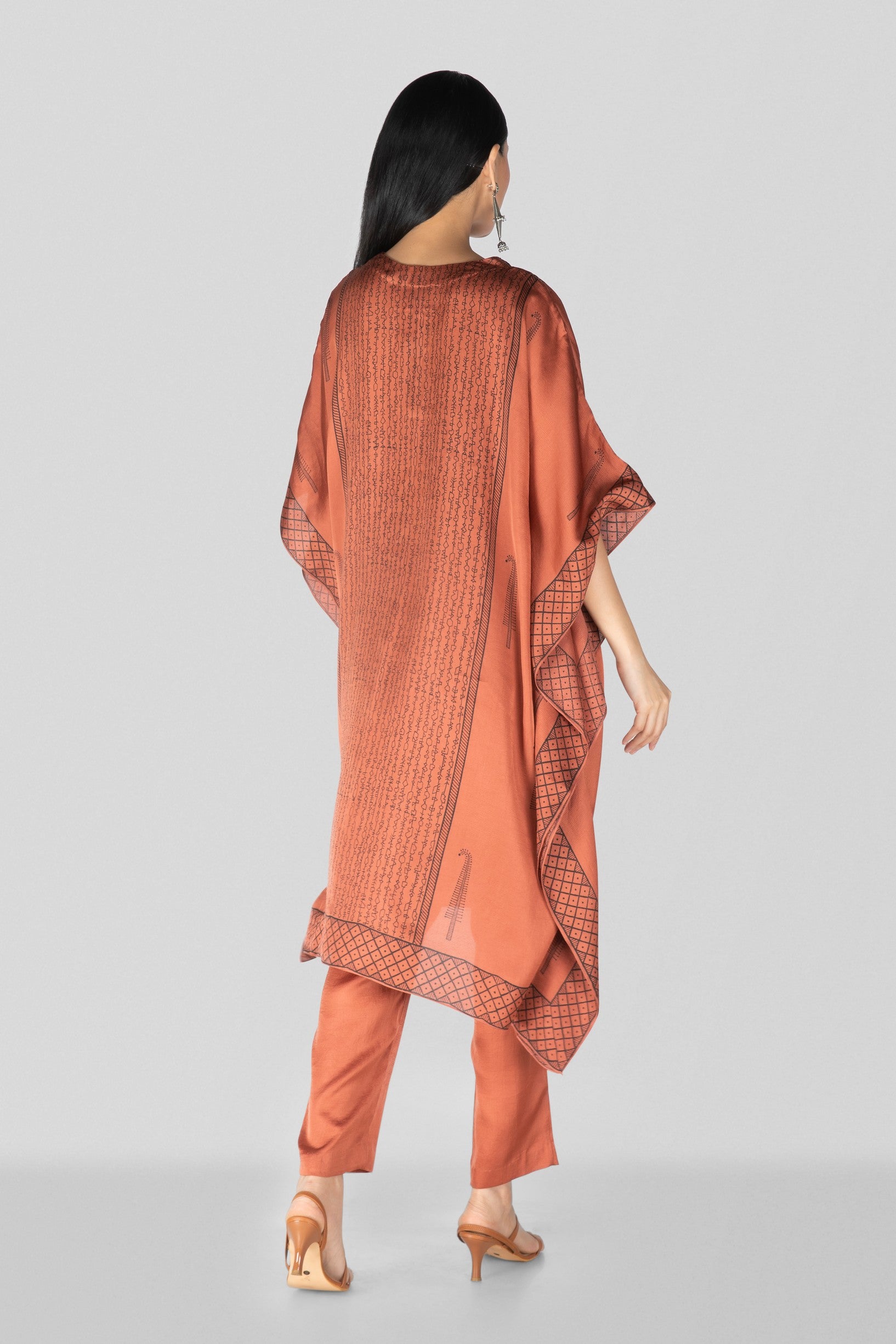 Dark Peach Hand Block Printed Kaftan Set