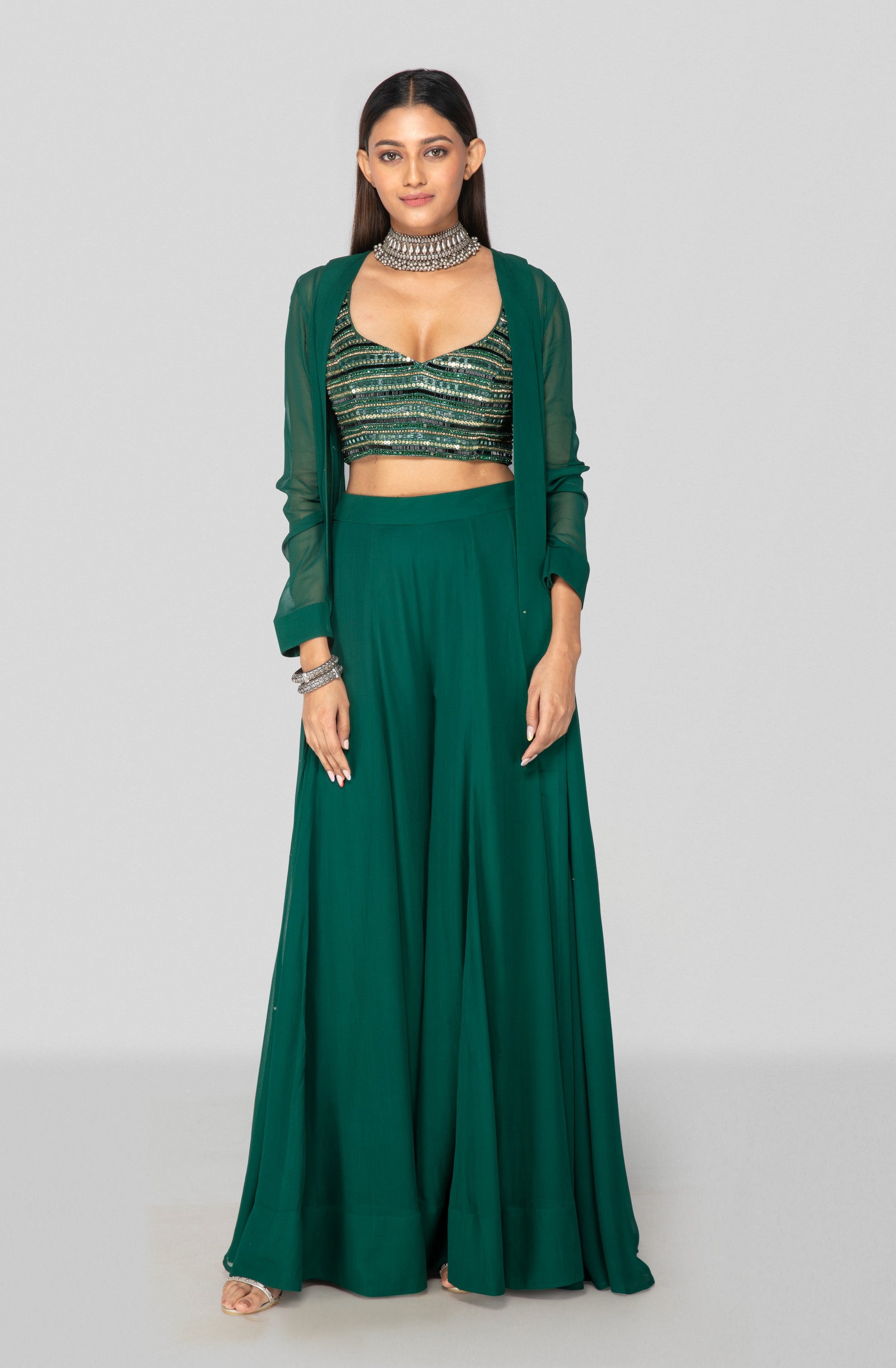 Emerald Green Embellished Sharara And Jacket Set